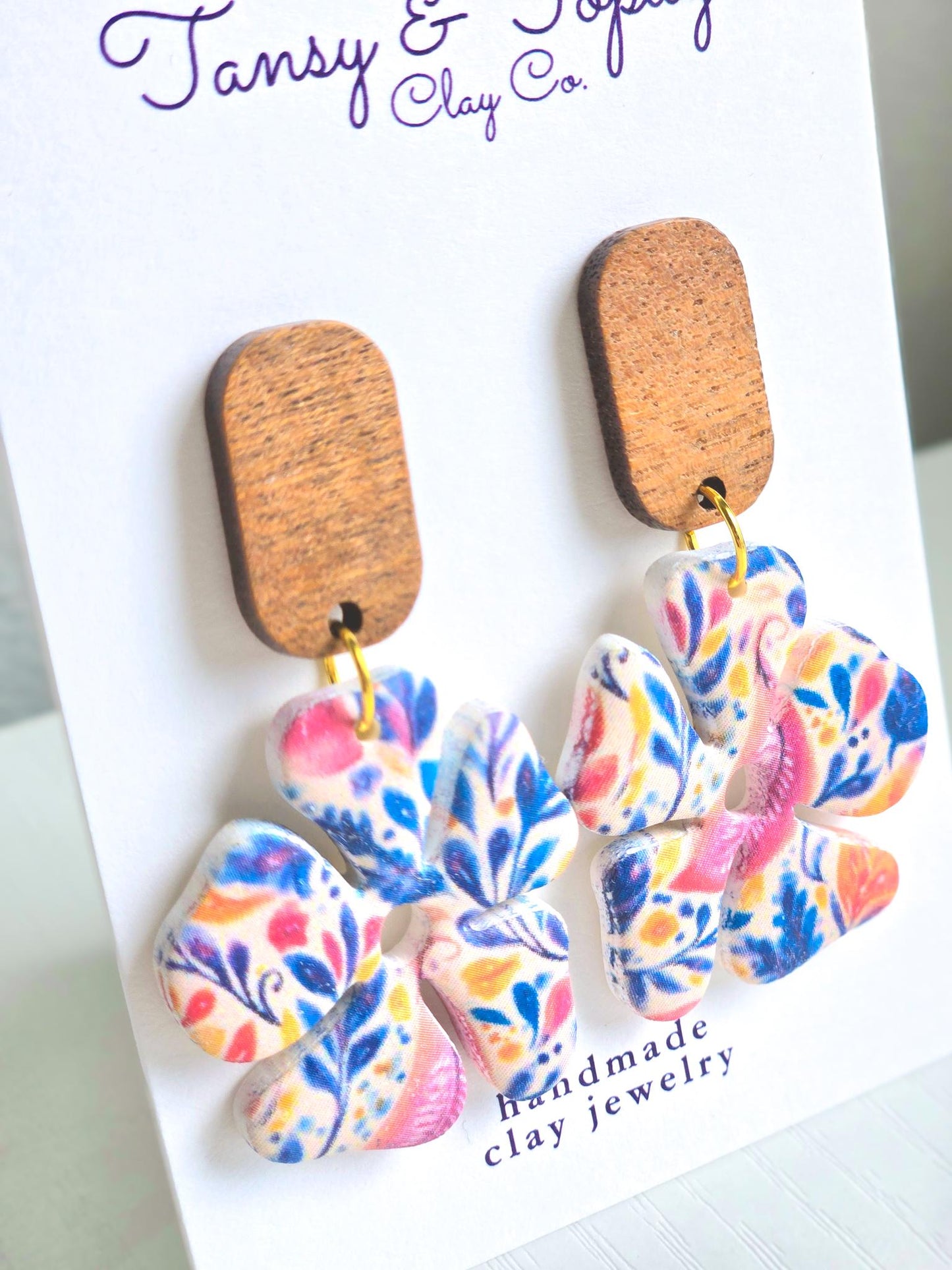Polymer Clay Earrings: The Ophelia - Handmade Floral Dangle Earrings, Wood Post. Stainless Steel Jewelry, Fall Jewelry, Gifts for Her