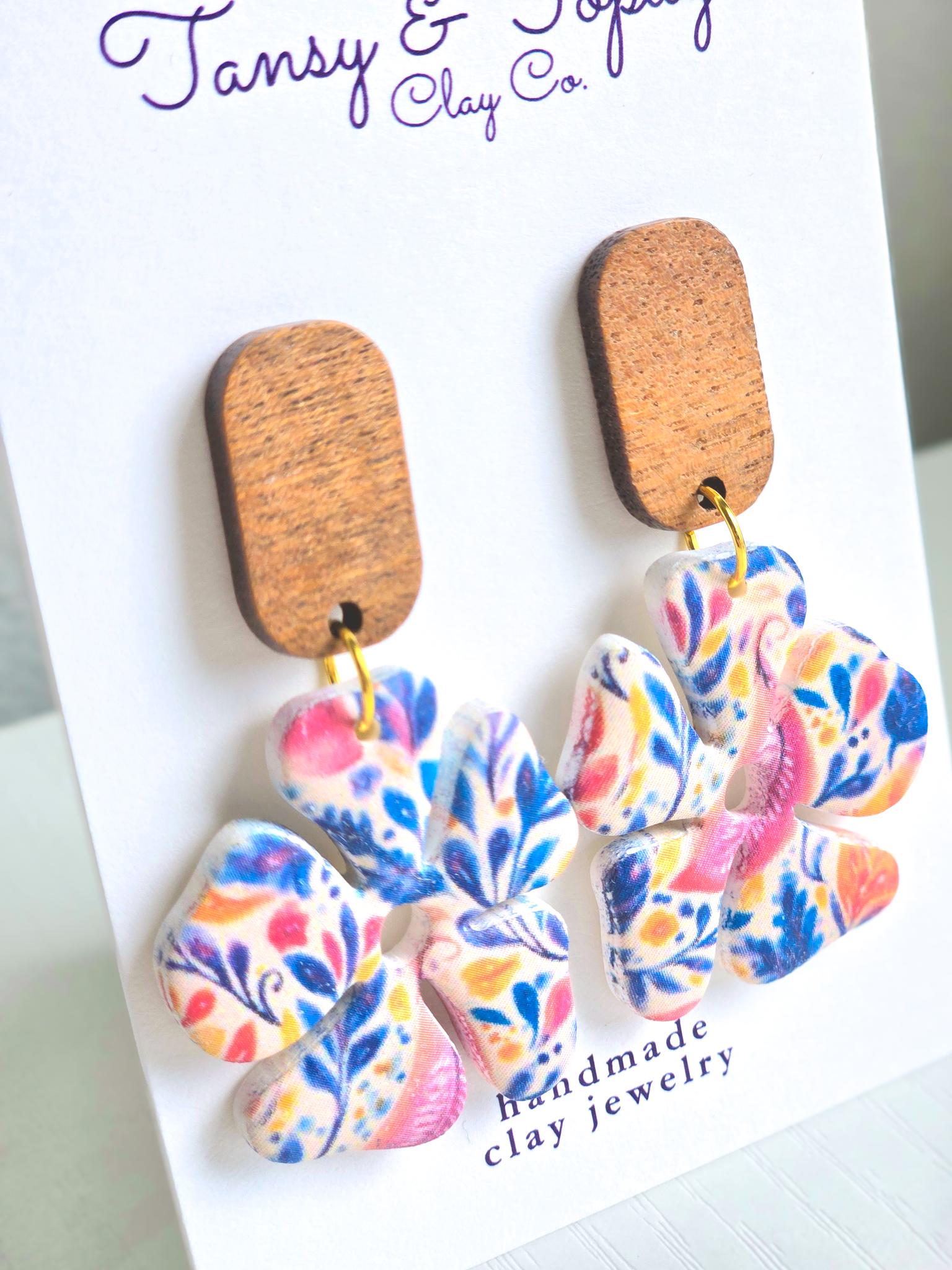 Polymer Clay Earrings: The Ophelia - Handmade Floral Dangle Earrings, Wood Post. Stainless Steel Jewelry, Fall Jewelry, Gifts for Her