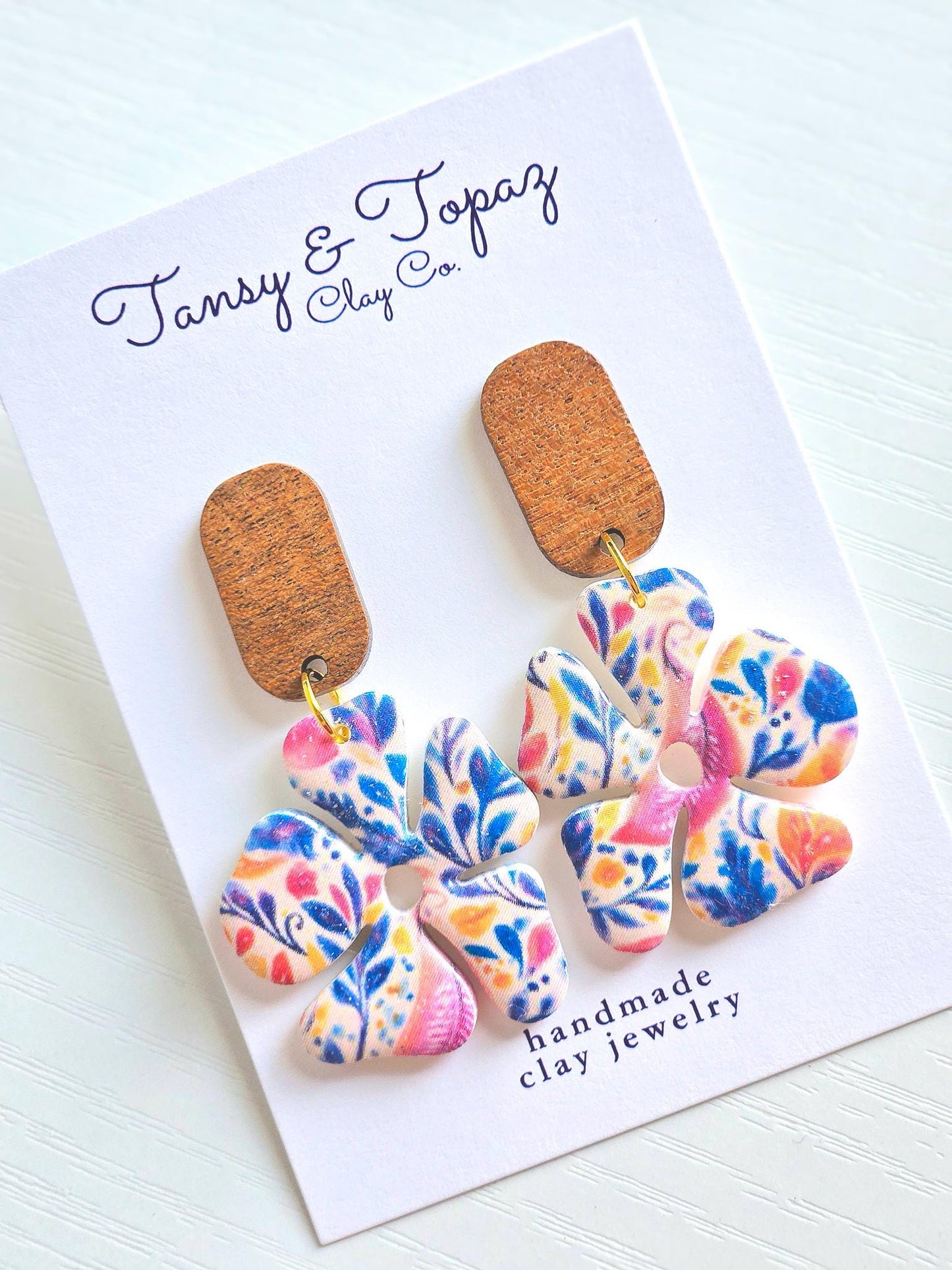Polymer Clay Earrings: The Ophelia - Handmade Floral Dangle Earrings, Wood Post. Stainless Steel Jewelry, Fall Jewelry, Gifts for Her