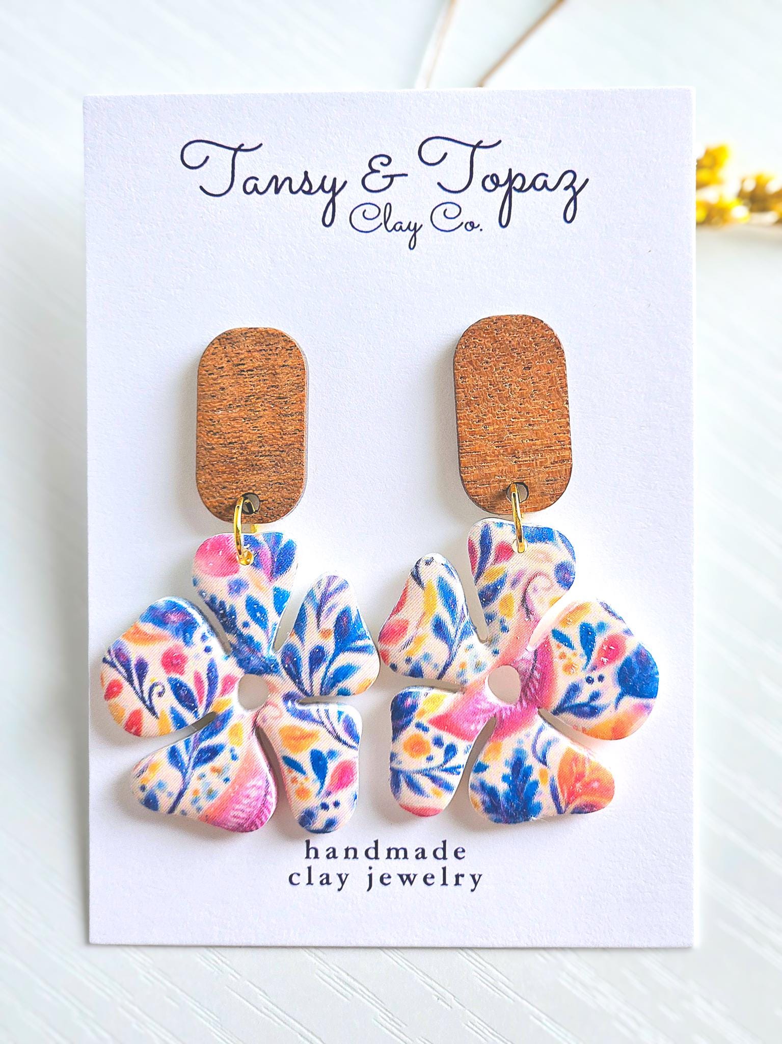Polymer Clay Earrings: The Ophelia - Handmade Floral Dangle Earrings, Wood Post. Stainless Steel Jewelry, Fall Jewelry, Gifts for Her
