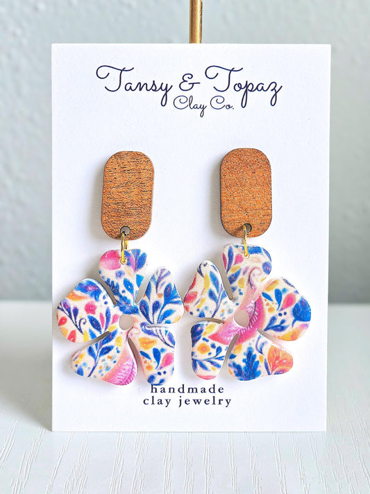 Polymer Clay Earrings: The Ophelia - Handmade Floral Dangle Earrings, Wood Post. Stainless Steel Jewelry, Fall Jewelry, Gifts for Her