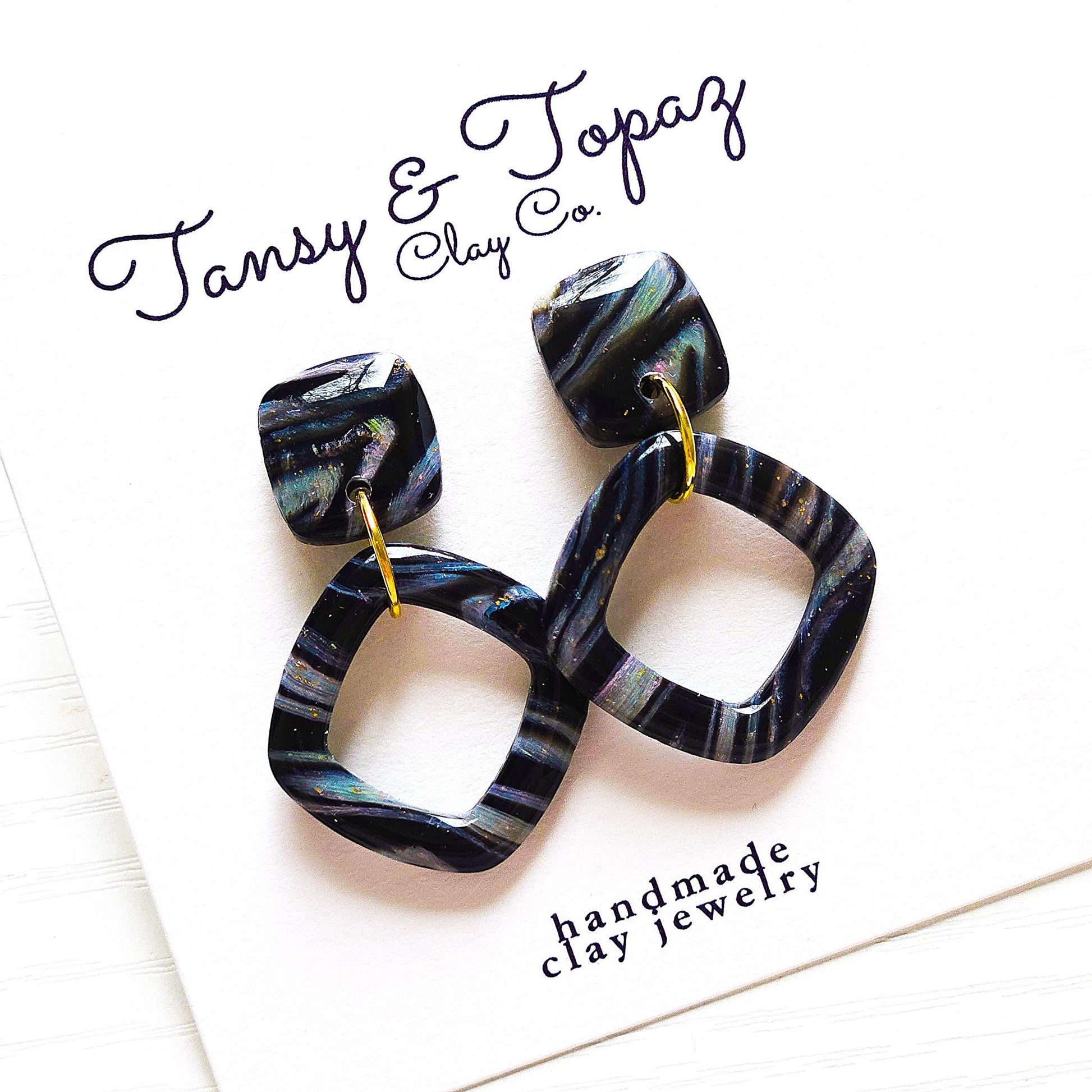 Polymer Clay Earrings: The Siobhan - Black Cat Eye Design, 18k Gold Plated Jewelry, Colorful Swirl Earrings, Small Dangle Earrings, Gift Her