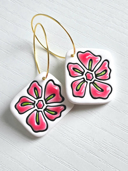 Polymer Clay Earrings: White Hibiscus Flower, Drop Earring, Polymer Clay Dangle, Gold Plated Hoop Jewelry, Floral Hoop Earring, Gift for Her