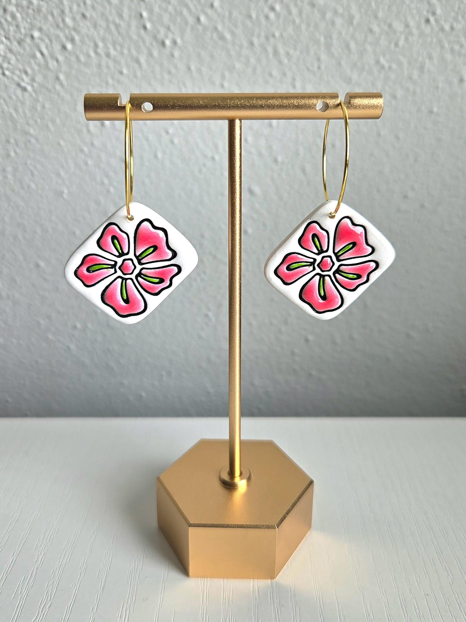 Polymer Clay Earrings: White Hibiscus Flower, Drop Earring, Polymer Clay Dangle, Gold Plated Hoop Jewelry, Floral Hoop Earring, Gift for Her