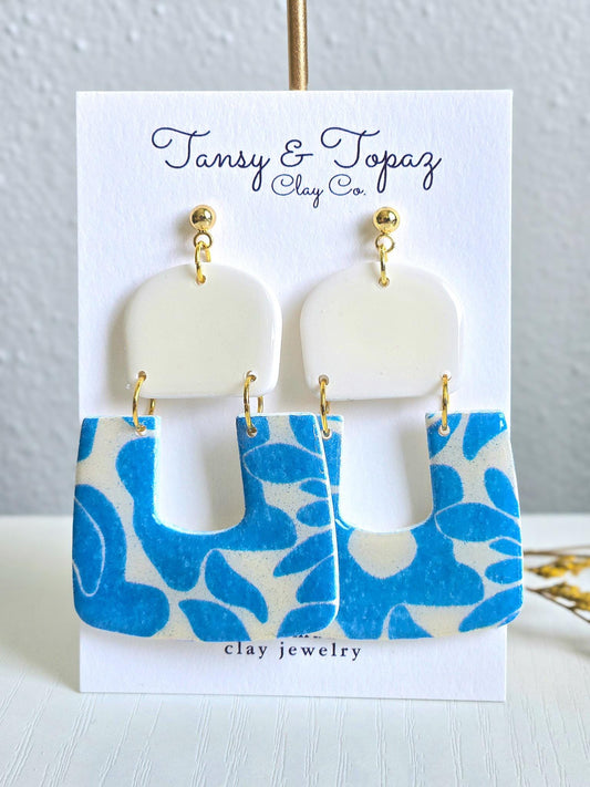 Polymer Clay Earrings: The Lucia - Oversize Dangle Earring, Blue Floral Print, 18k Gold Plated Jewelry, Blue and White Earring, Gift for Her