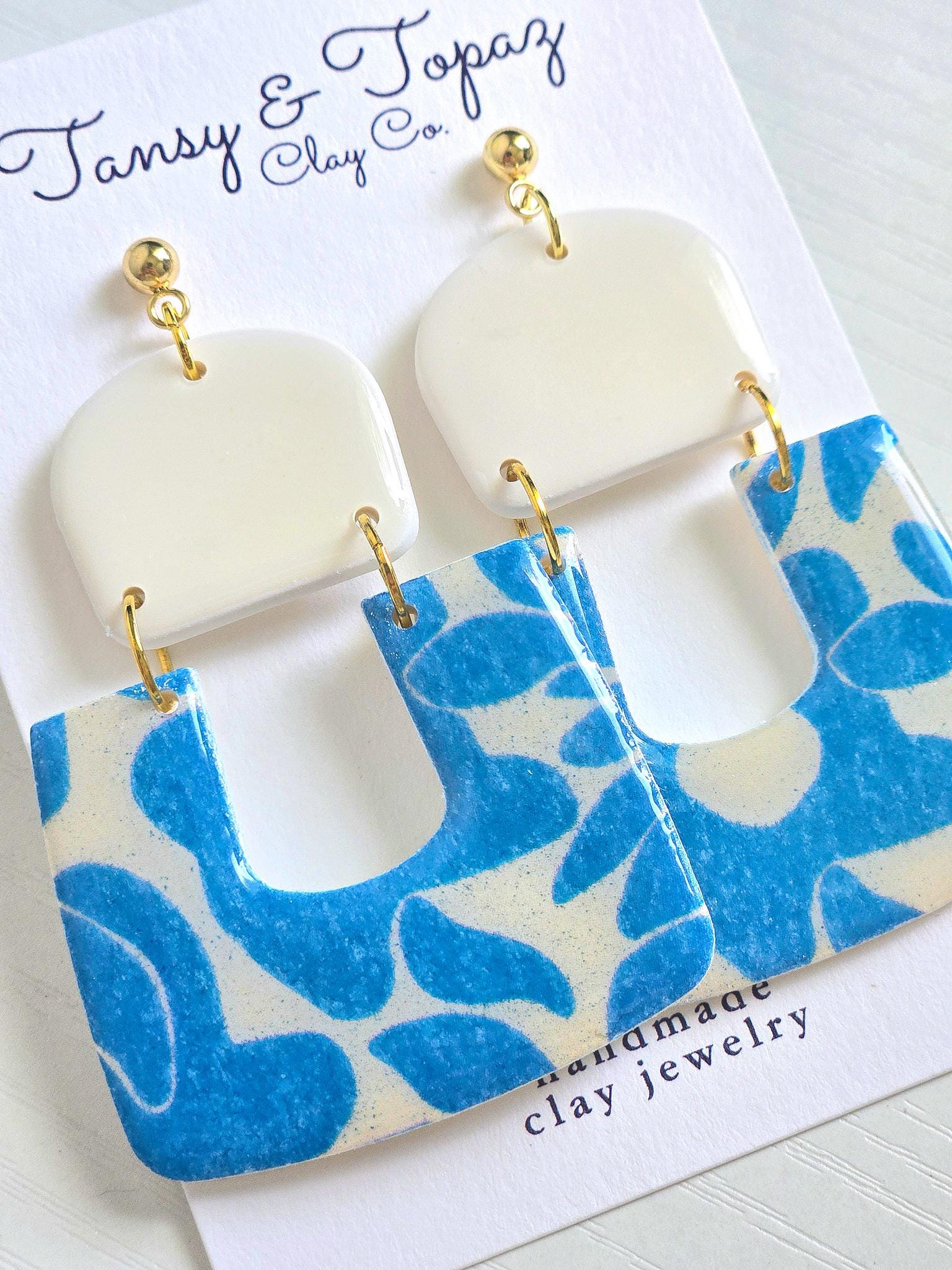 Polymer Clay Earrings: The Lucia - Oversize Dangle Earring, Blue Floral Print, 18k Gold Plated Jewelry, Blue and White Earring, Gift for Her