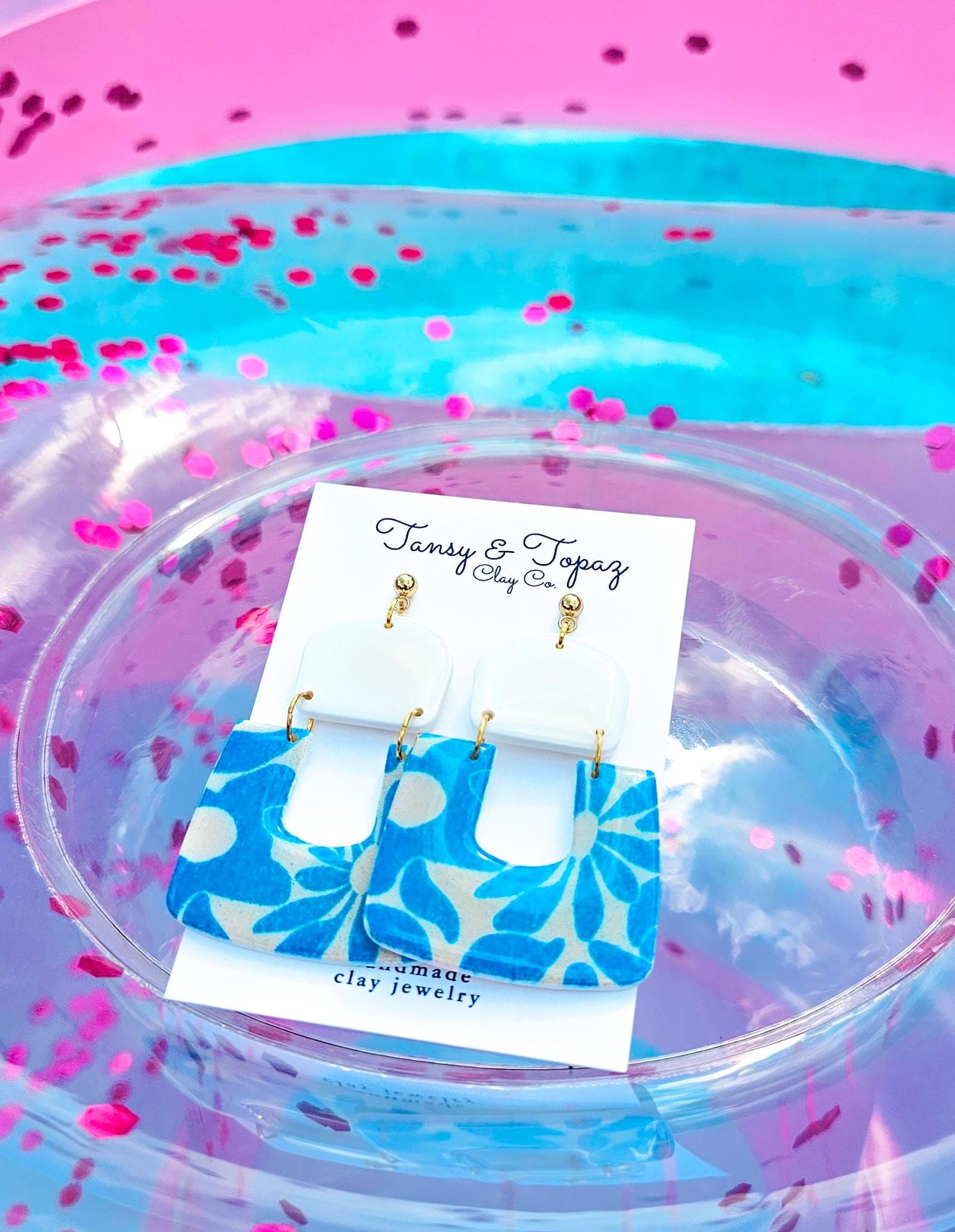 Polymer Clay Earrings: The Lucia - Oversize Dangle Earring, Blue Floral Print, 18k Gold Plated Jewelry, Blue and White Earring, Gift for Her