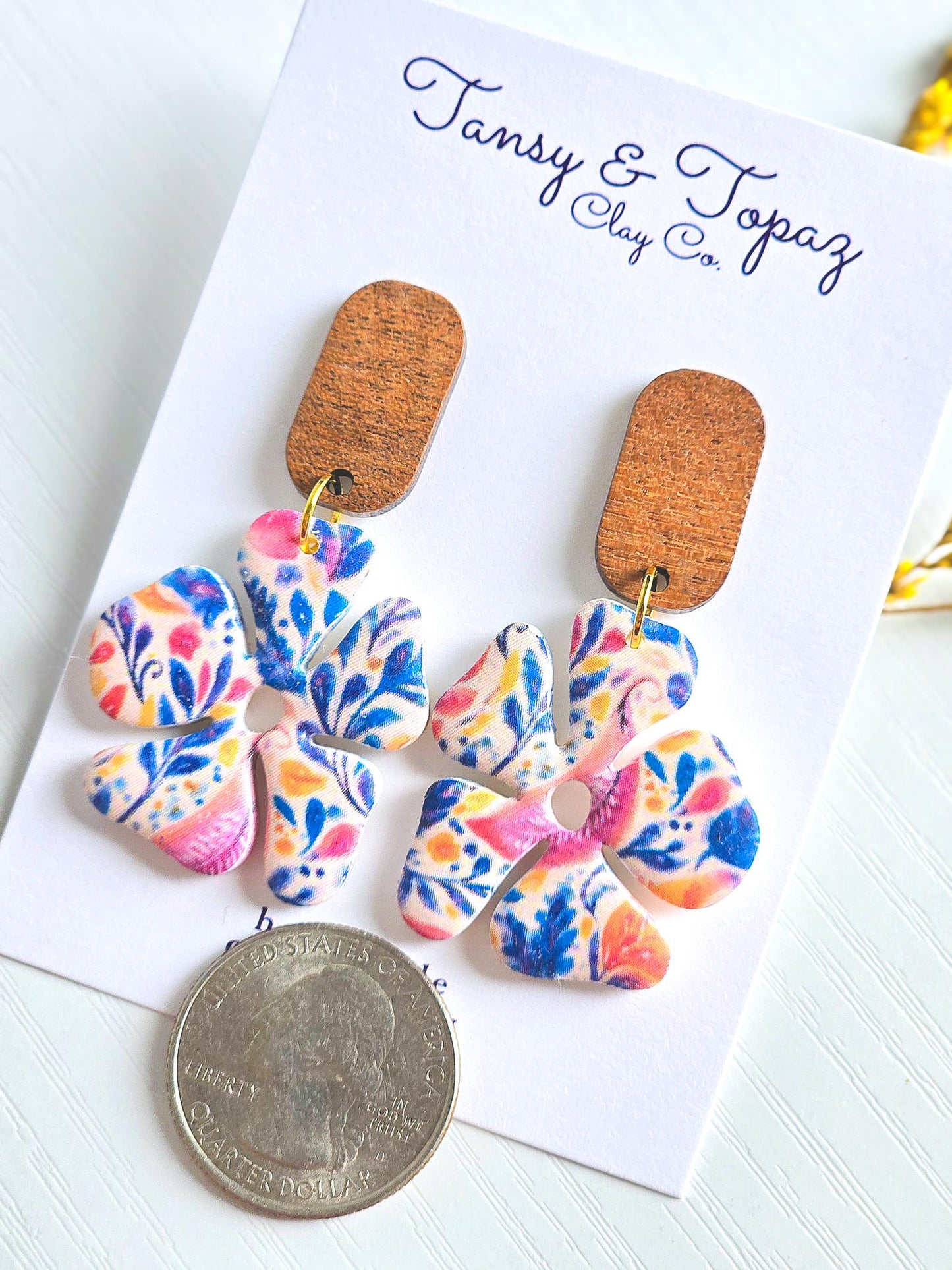 Polymer Clay Earrings: The Ophelia - Handmade Floral Dangle Earrings, Wood Post. Stainless Steel Jewelry, Fall Jewelry, Gifts for Her