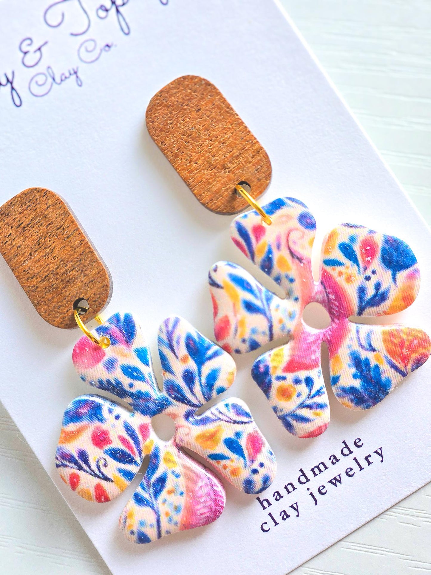 Polymer Clay Earrings: The Ophelia - Handmade Floral Dangle Earrings, Wood Post. Stainless Steel Jewelry, Fall Jewelry, Gifts for Her