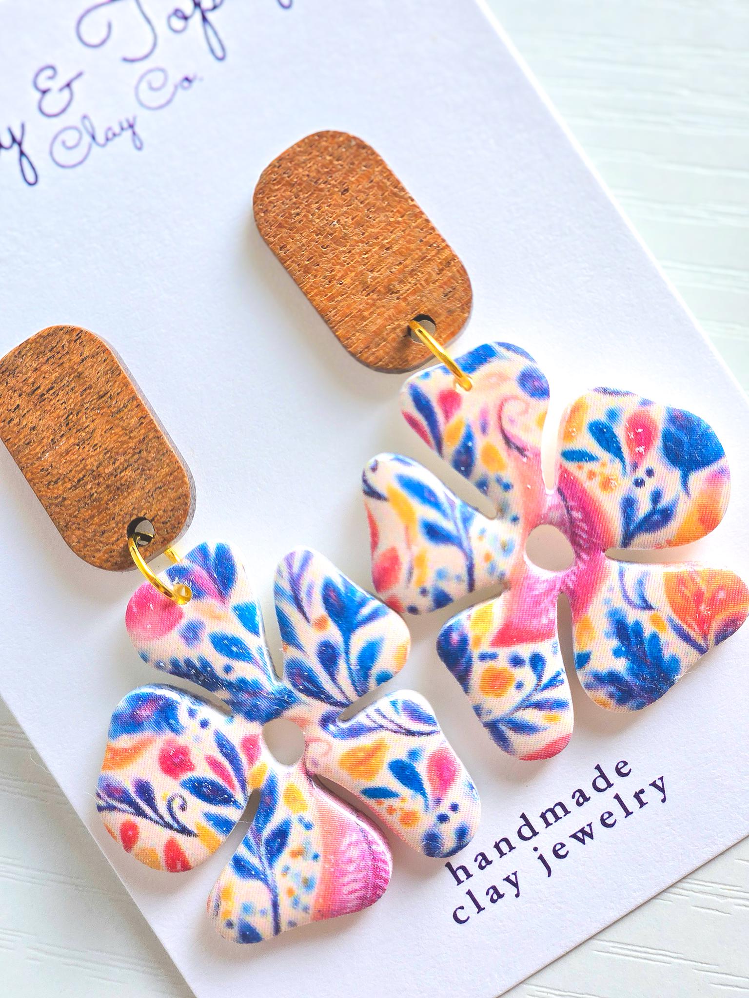 Polymer Clay Earrings: The Ophelia - Handmade Floral Dangle Earrings, Wood Post. Stainless Steel Jewelry, Fall Jewelry, Gifts for Her