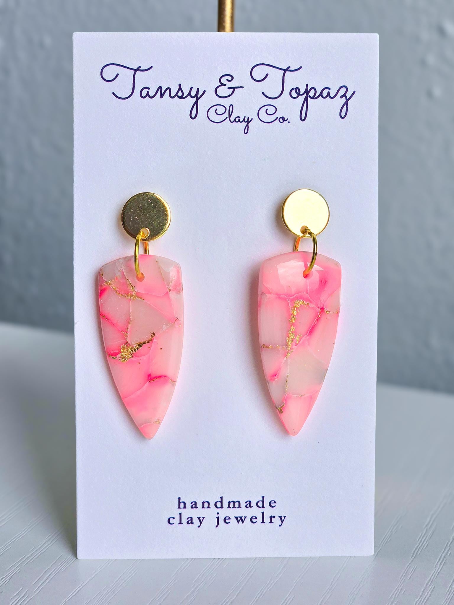 Pink Dangle Earrings, Polymer Clay Earrings: The Chandra - Marbled Clay Earrings, Dagger Earrings, Fall Earrings, Handmade Jewelry, Gift Her