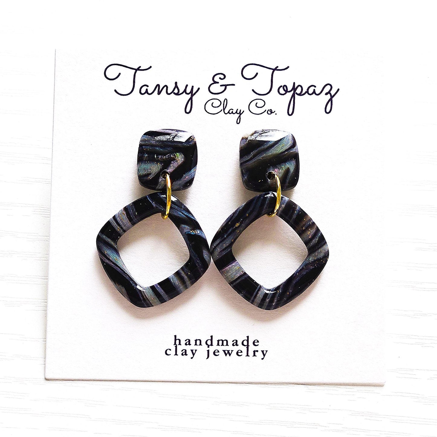 Polymer Clay Earrings: The Siobhan - Black Cat Eye Design, 18k Gold Plated Jewelry, Colorful Swirl Earrings, Small Dangle Earrings, Gift Her