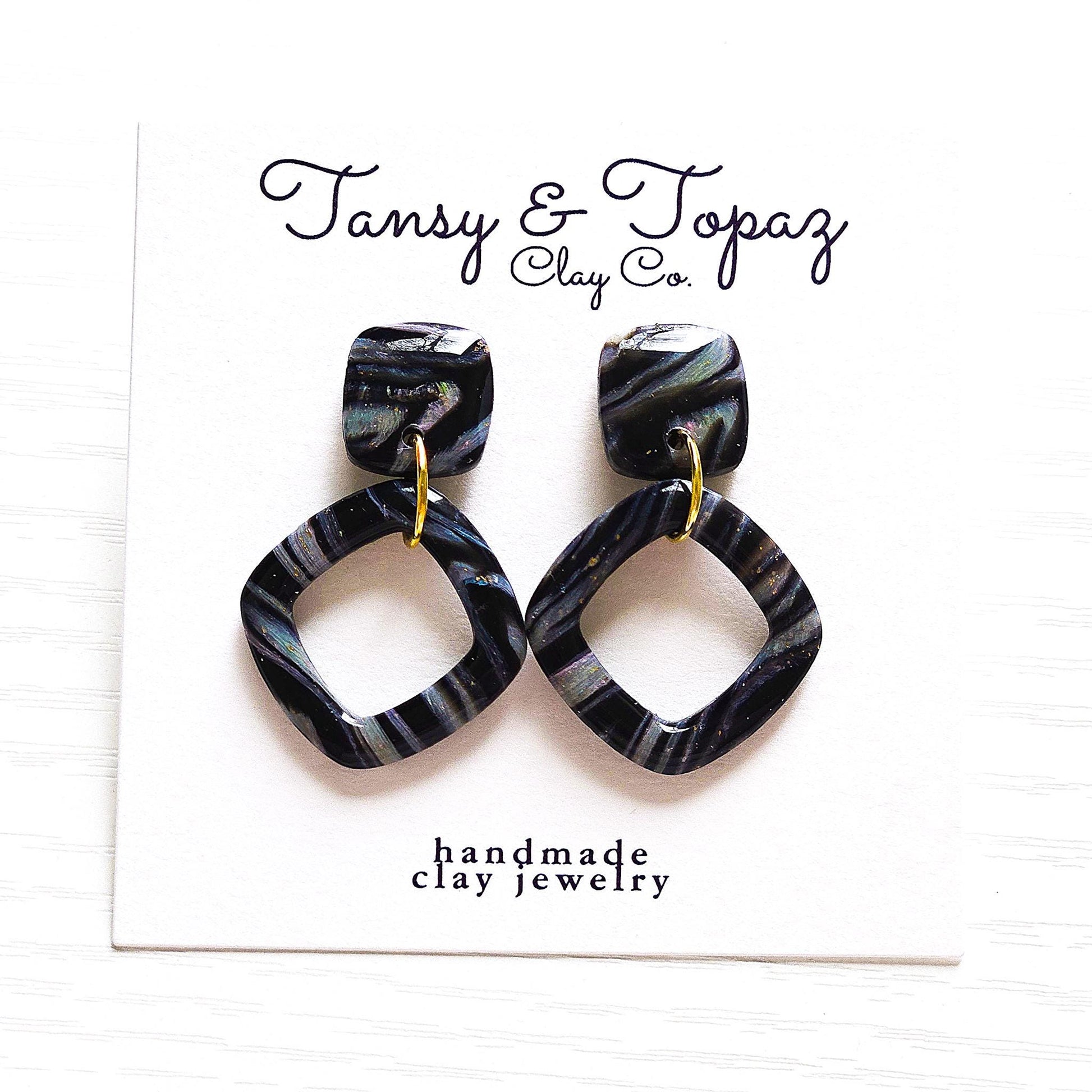 Polymer Clay Earrings: The Siobhan - Black Cat Eye Design, 18k Gold Plated Jewelry, Colorful Swirl Earrings, Small Dangle Earrings, Gift Her
