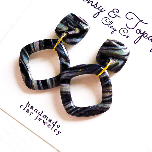 Polymer Clay Earrings: The Siobhan - Black Cat Eye Design, 18k Gold Plated Jewelry, Colorful Swirl Earrings, Small Dangle Earrings, Gift Her
