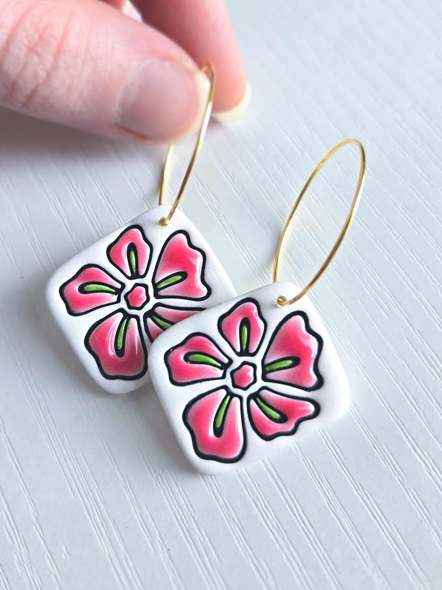 Polymer Clay Earrings: White Hibiscus Flower, Drop Earring, Polymer Clay Dangle, Gold Plated Hoop Jewelry, Floral Hoop Earring, Gift for Her
