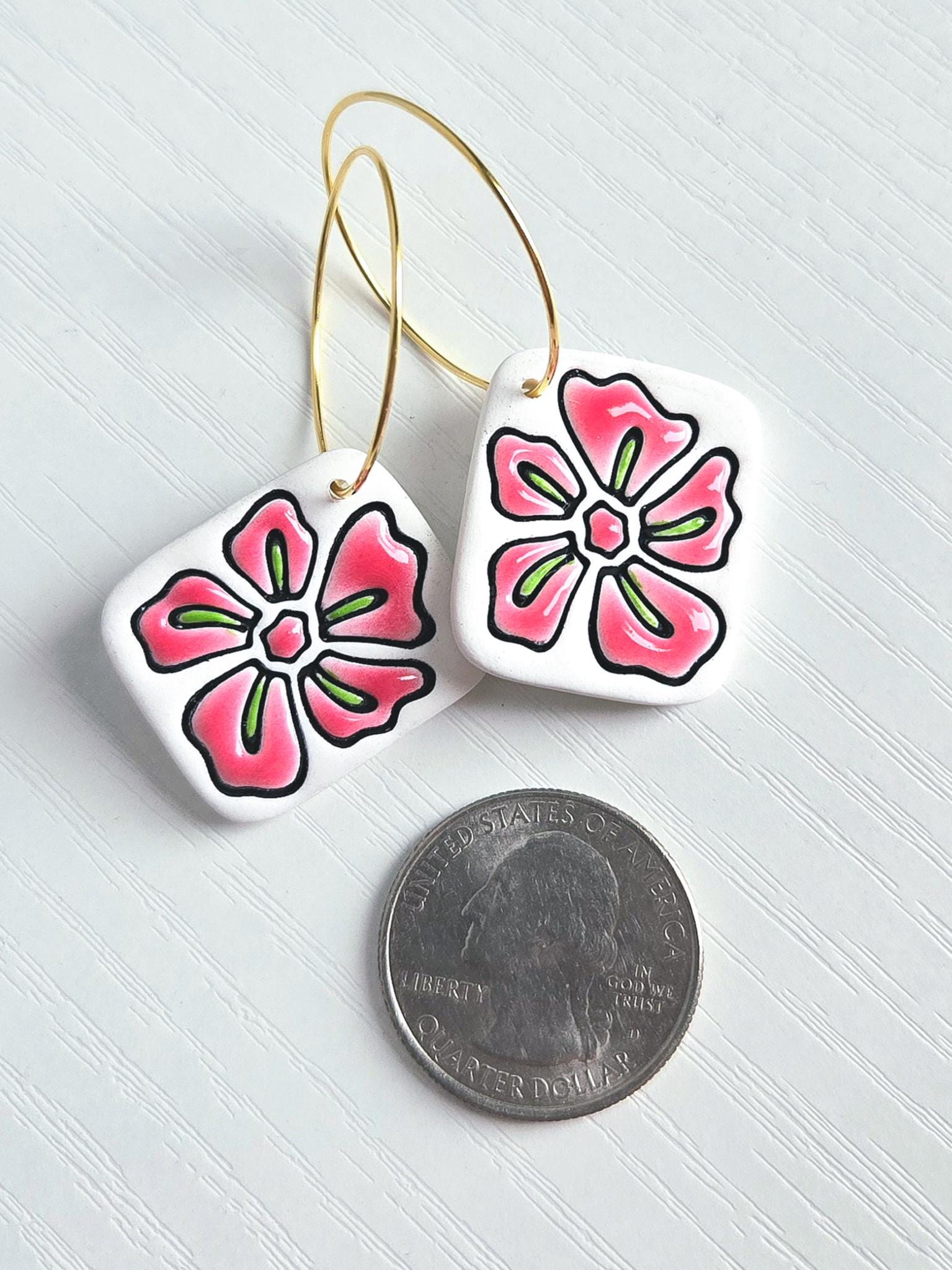 Polymer Clay Earrings: White Hibiscus Flower, Drop Earring, Polymer Clay Dangle, Gold Plated Hoop Jewelry, Floral Hoop Earring, Gift for Her