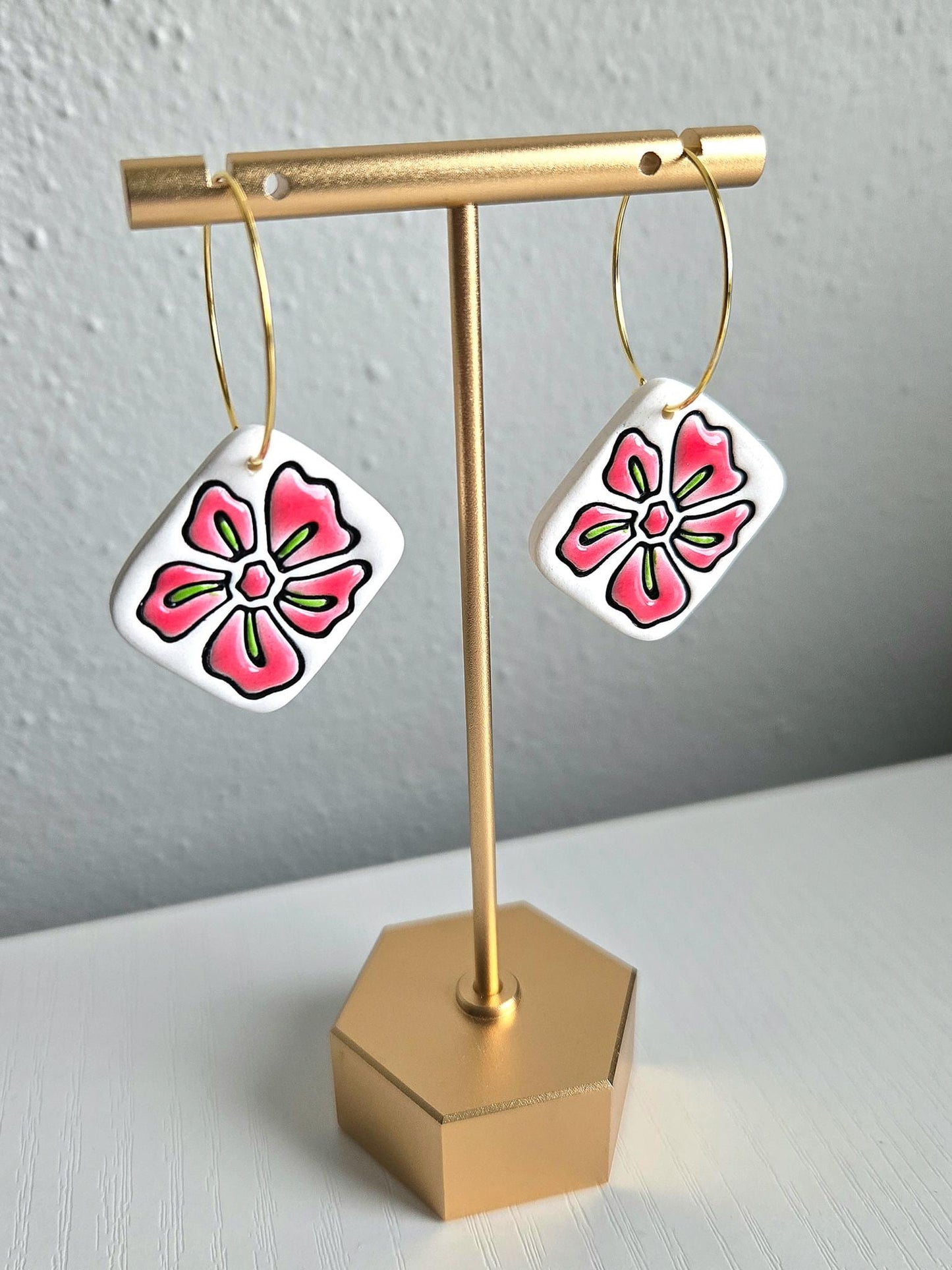 Polymer Clay Earrings: White Hibiscus Flower, Drop Earring, Polymer Clay Dangle, Gold Plated Hoop Jewelry, Floral Hoop Earring, Gift for Her