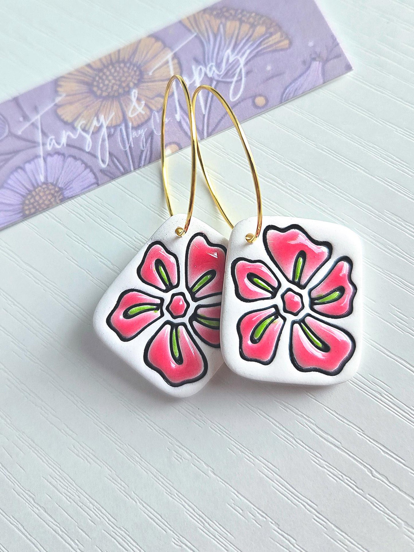 Polymer Clay Earrings: White Hibiscus Flower, Drop Earring, Polymer Clay Dangle, Gold Plated Hoop Jewelry, Floral Hoop Earring, Gift for Her