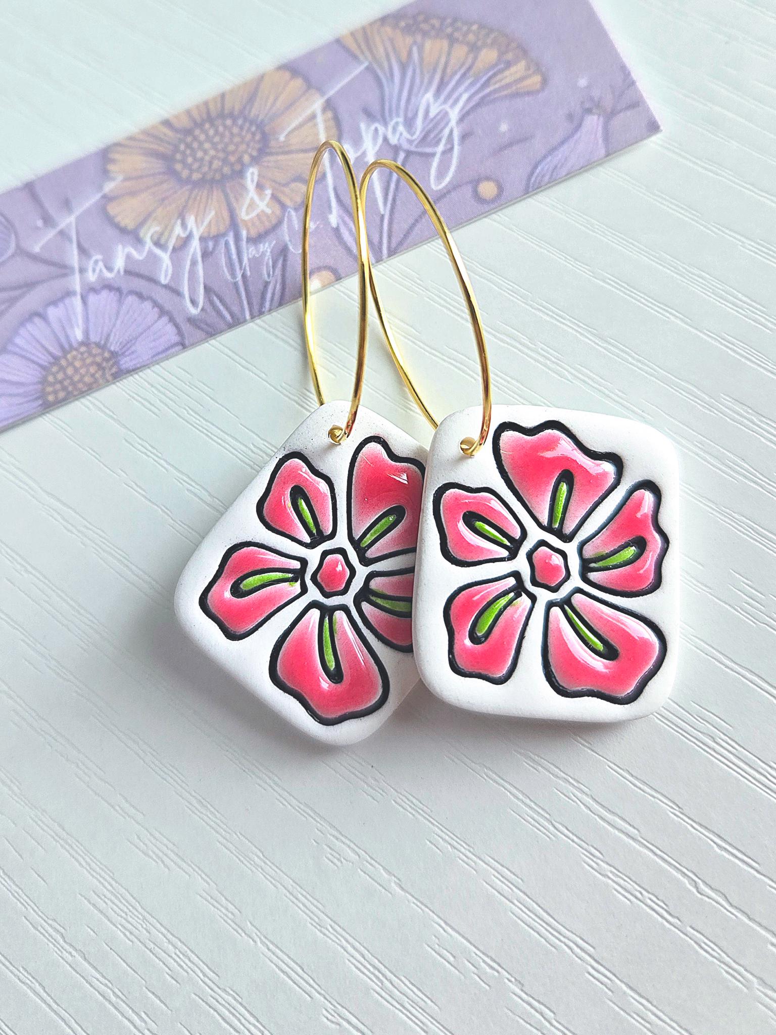 Polymer Clay Earrings: White Hibiscus Flower, Drop Earring, Polymer Clay Dangle, Gold Plated Hoop Jewelry, Floral Hoop Earring, Gift for Her