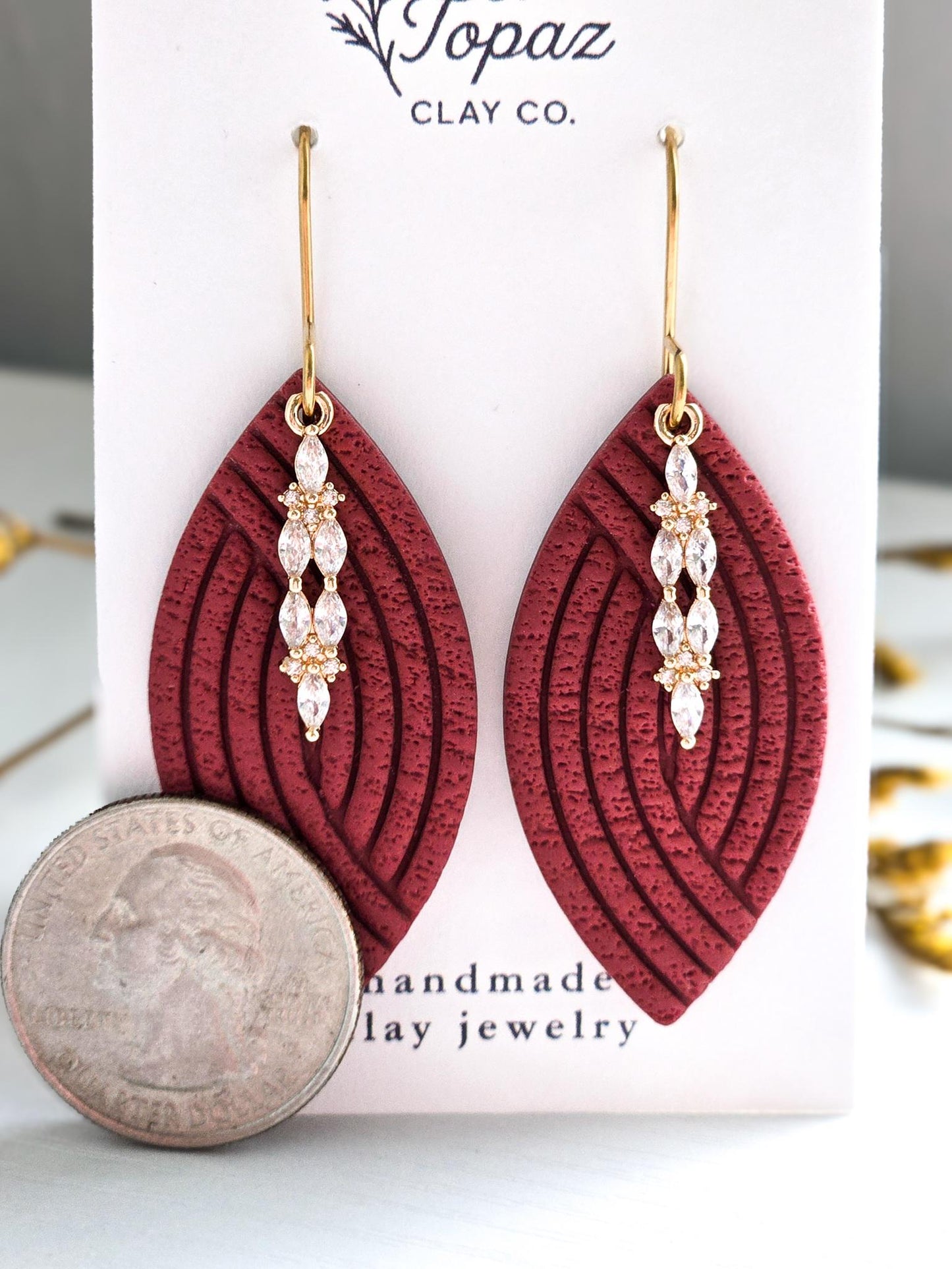 Fall Jewelry, Polymer Clay Earrings: The Hilary - Leaf Earrings, Cubic Zirconia, Gold Statement Jewelry, Gift for Her, Fall Collection