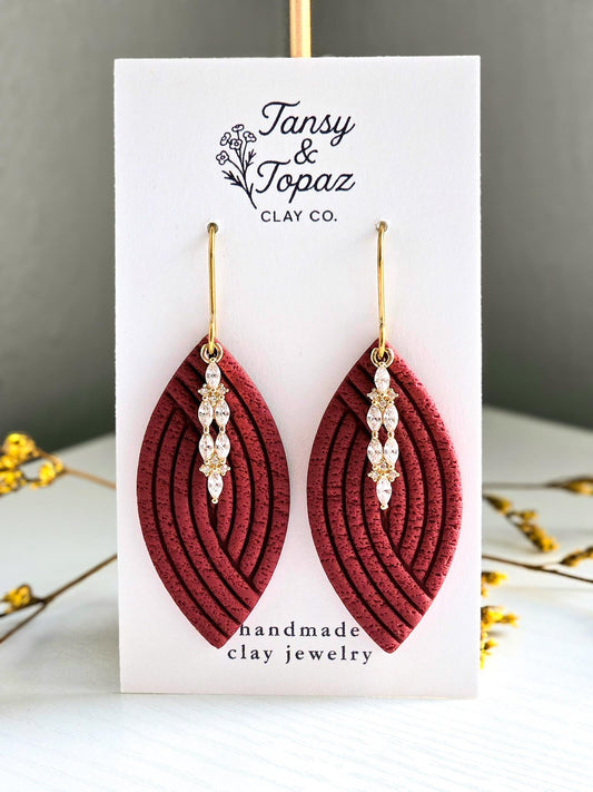 Fall Jewelry, Polymer Clay Earrings: The Hilary - Leaf Earrings, Cubic Zirconia, Gold Statement Jewelry, Gift for Her, Fall Collection