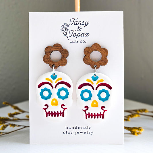 Halloween Earrings, Fall Dangle Polymer Clay Earrings: Sugar Skull Earrings, Sparkly Polymer Clay, Dia De Los Muertos Calavera, Gift for Her