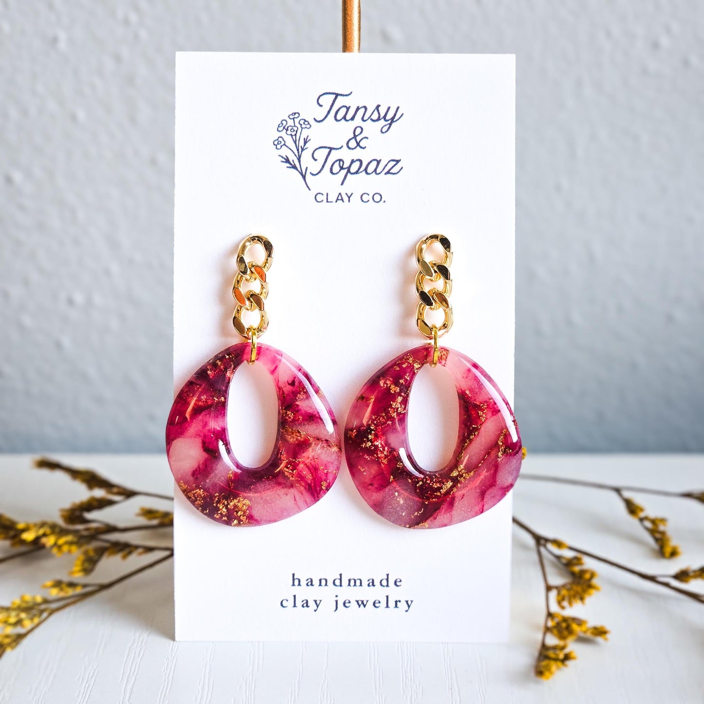 Fall Jewelry, Burgundy Dangle, Polymer Clay Earrings: The Rhonda - Marbled Clay Earrings, Gold Statement Jewelry, Gift for Her, Red Earrings