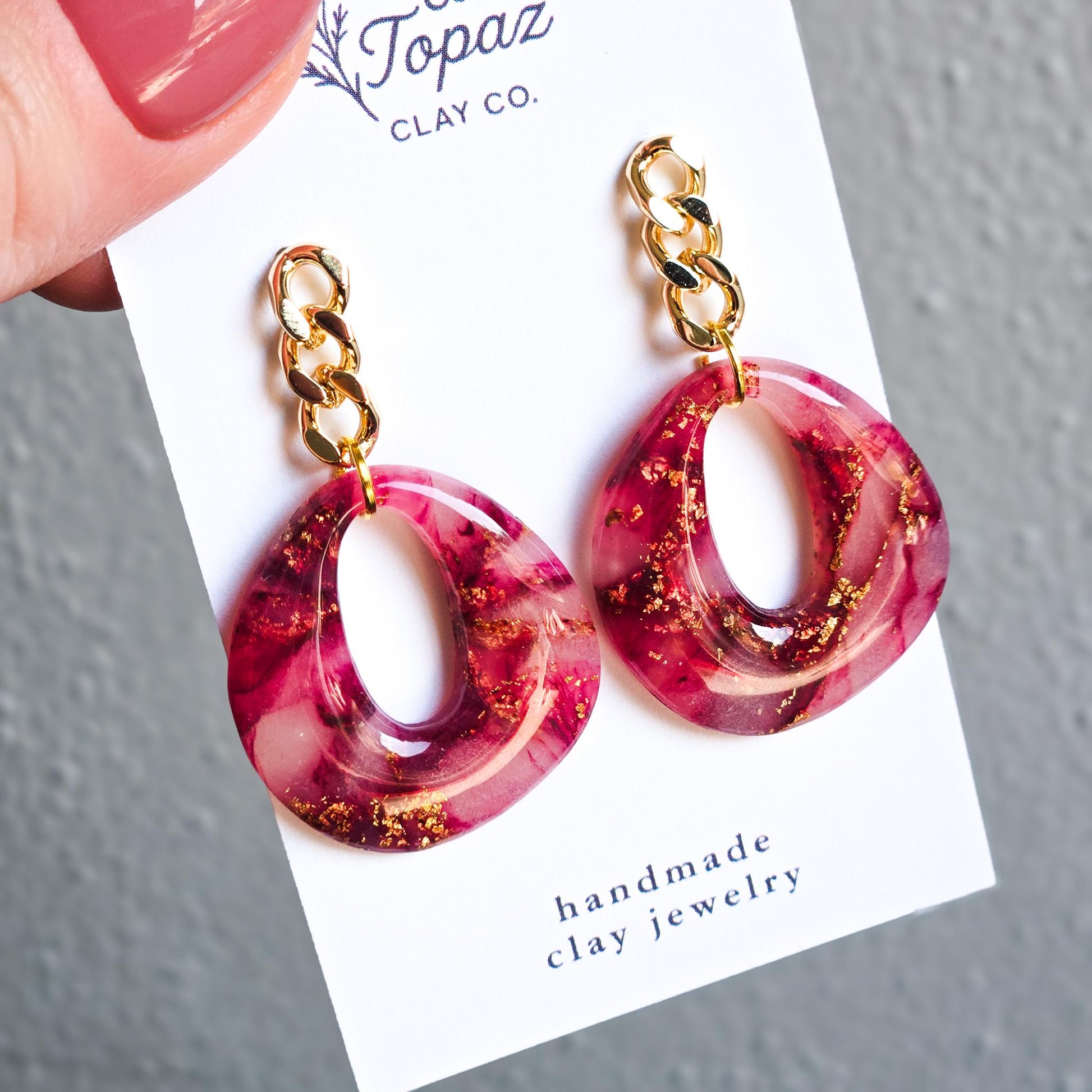 Fall Jewelry, Burgundy Dangle, Polymer Clay Earrings: The Rhonda - Marbled Clay Earrings, Gold Statement Jewelry, Gift for Her, Red Earrings