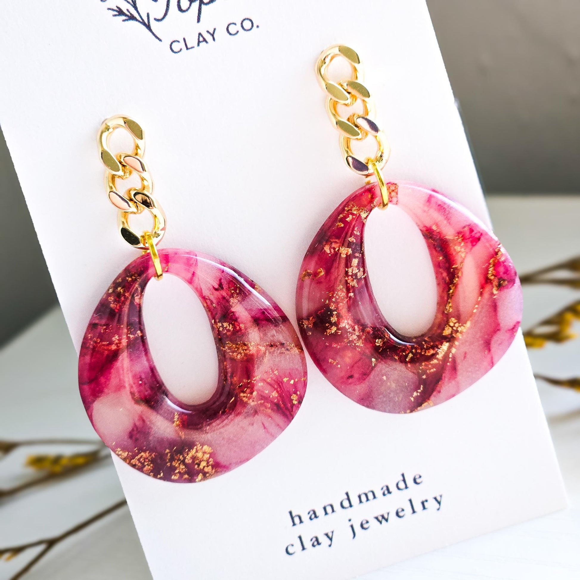 Fall Jewelry, Burgundy Dangle, Polymer Clay Earrings: The Rhonda - Marbled Clay Earrings, Gold Statement Jewelry, Gift for Her, Red Earrings