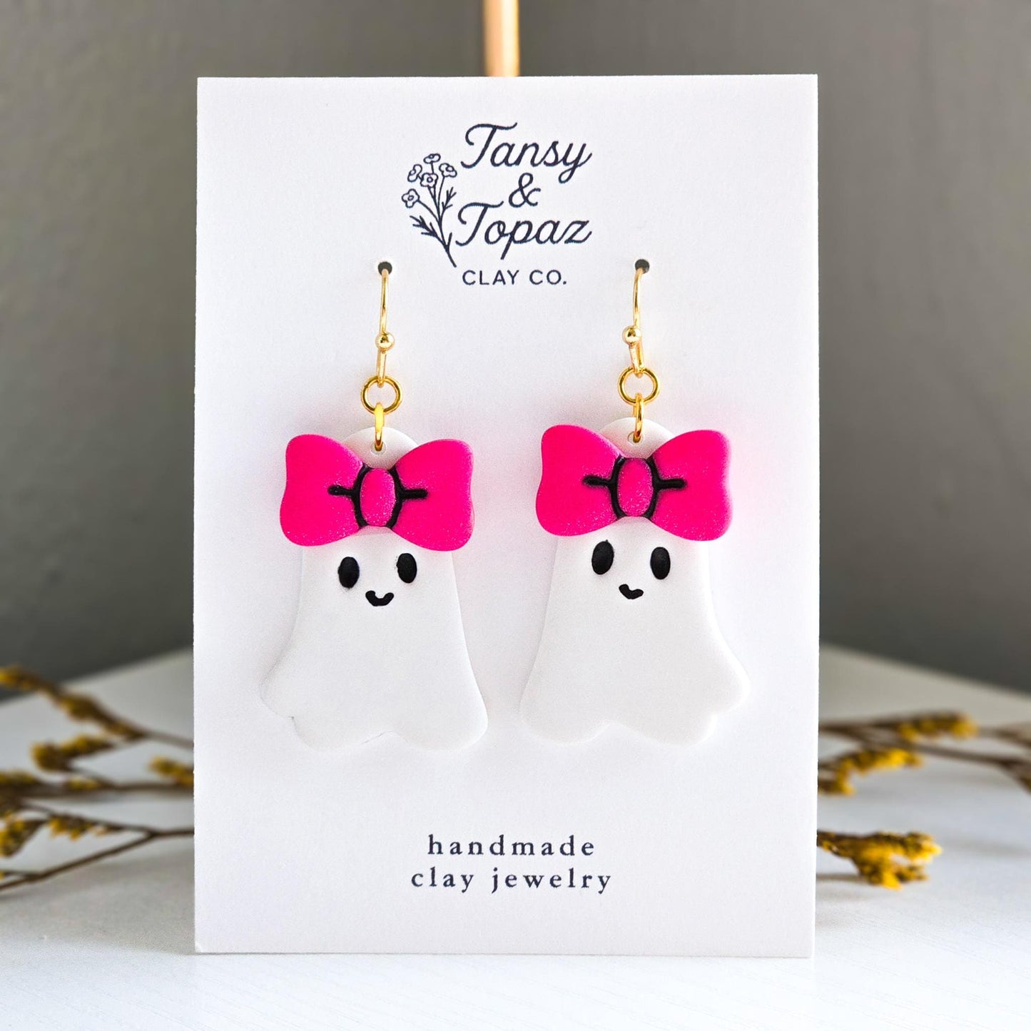 Halloween Earrings, Fall Jewelry: Girly Ghosts with Bows, Sparkly Ghost Earrings, Gold Statement Earrings, Pink Jewelry, Gift for Her