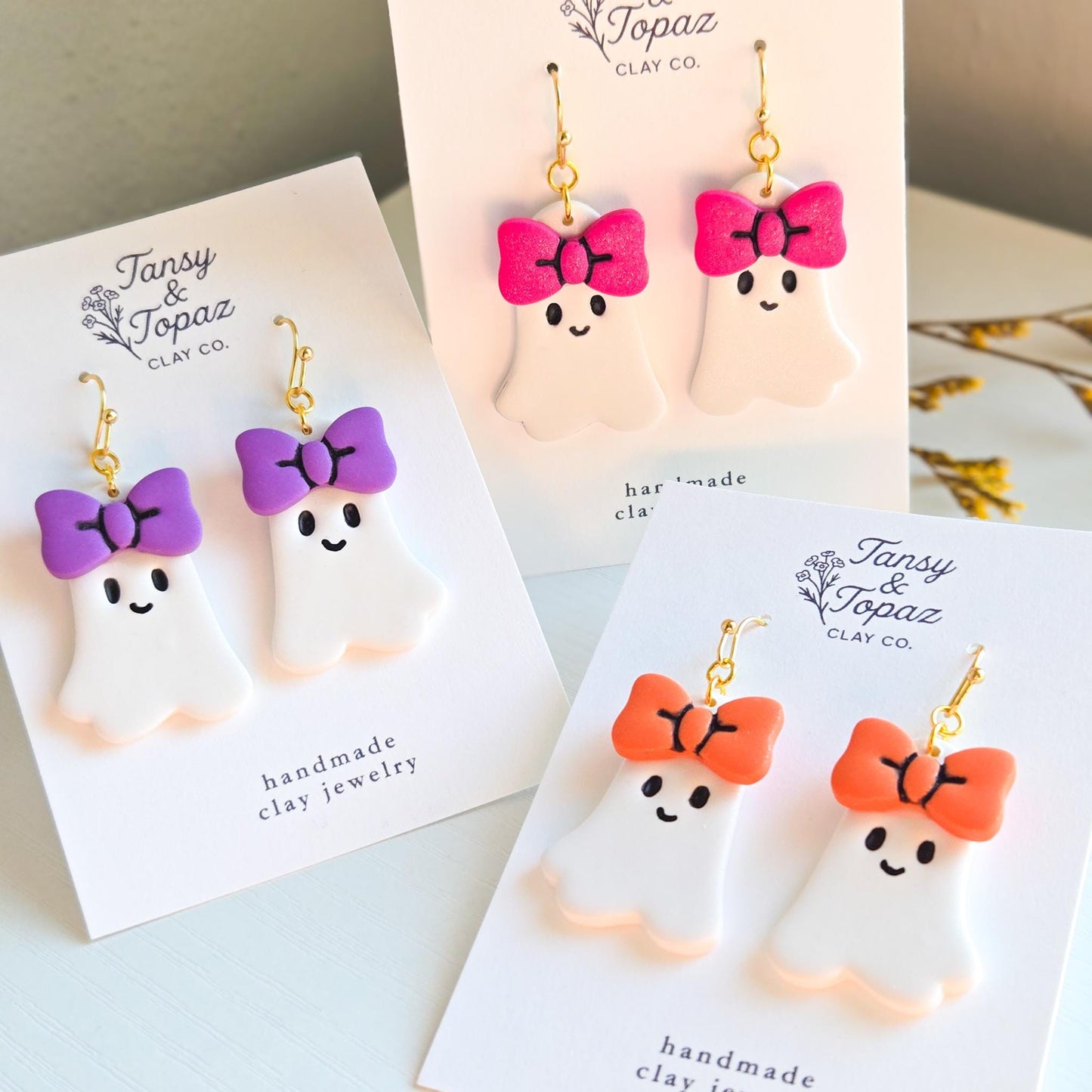 Halloween Earrings, Fall Jewelry: Girly Ghosts with Bows, Sparkly Ghost Earrings, Gold Statement Earrings, Pink Jewelry, Gift for Her