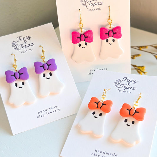 Halloween Earrings, Fall Jewelry: Girly Ghosts with Bows, Sparkly Ghost Earrings, Gold Statement Earrings, Pink Jewelry, Gift for Her