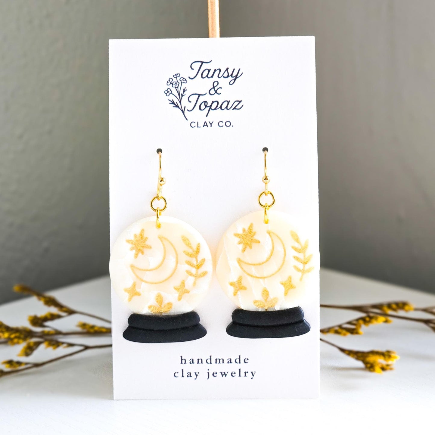 Halloween Earrings, Fall Jewelry, Crystal Ball Earrings, Moon Jewelry, Gold Statement Jewelry, Star Earrings, Polymer Clay Earrings Handmade