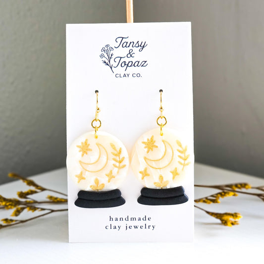 Halloween Earrings, Fall Jewelry, Crystal Ball Earrings, Moon Jewelry, Gold Statement Jewelry, Star Earrings, Polymer Clay Earrings Handmade