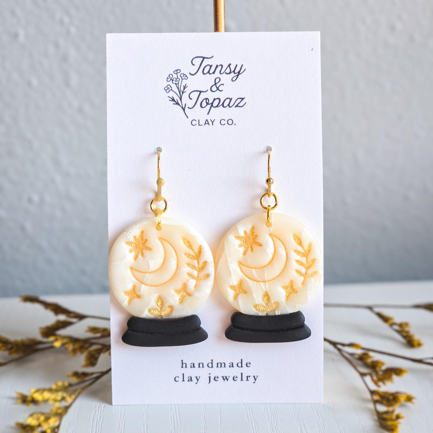 Halloween Earrings, Fall Jewelry, Crystal Ball Earrings, Moon Jewelry, Gold Statement Jewelry, Star Earrings, Polymer Clay Earrings Handmade