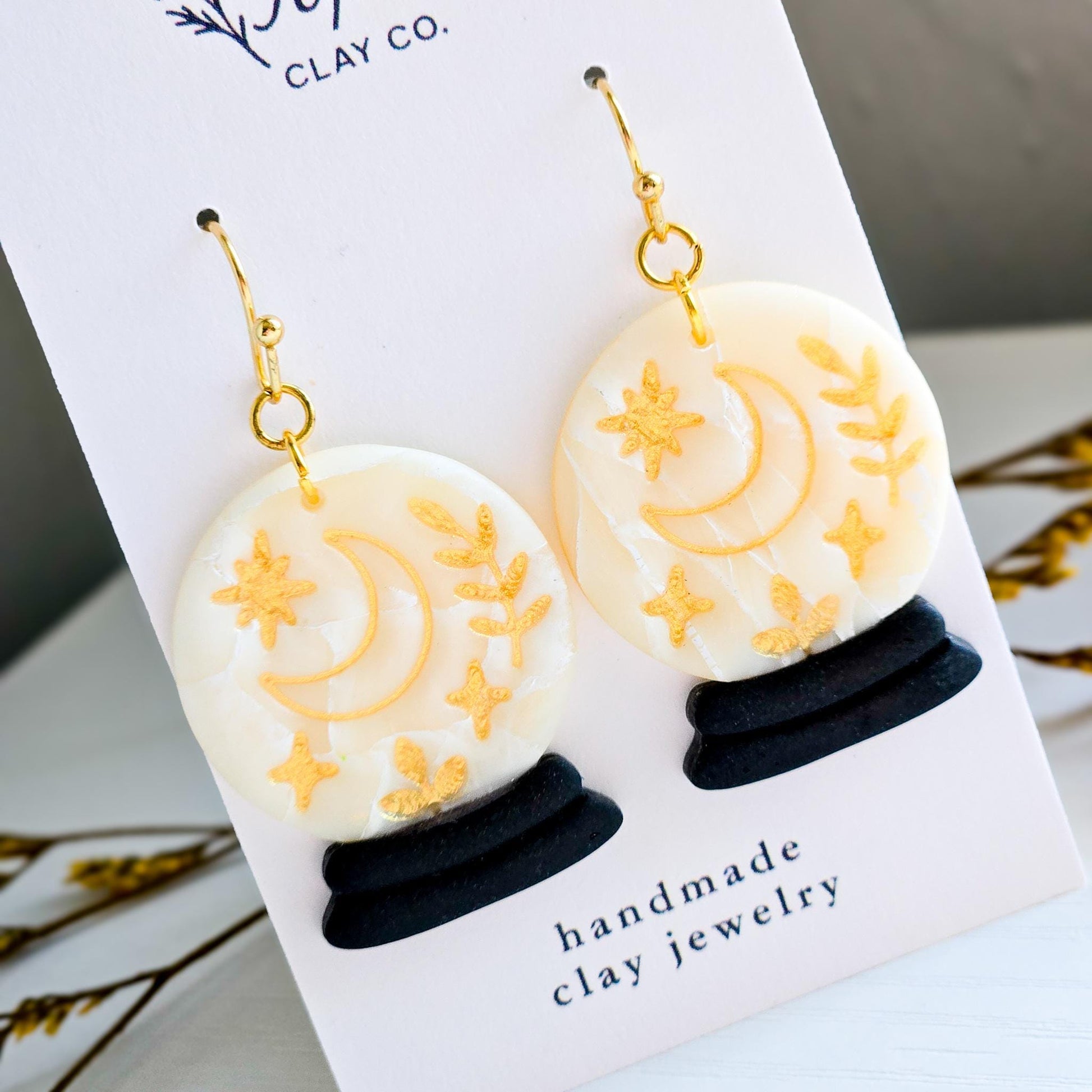 Halloween Earrings, Fall Jewelry, Crystal Ball Earrings, Moon Jewelry, Gold Statement Jewelry, Star Earrings, Polymer Clay Earrings Handmade