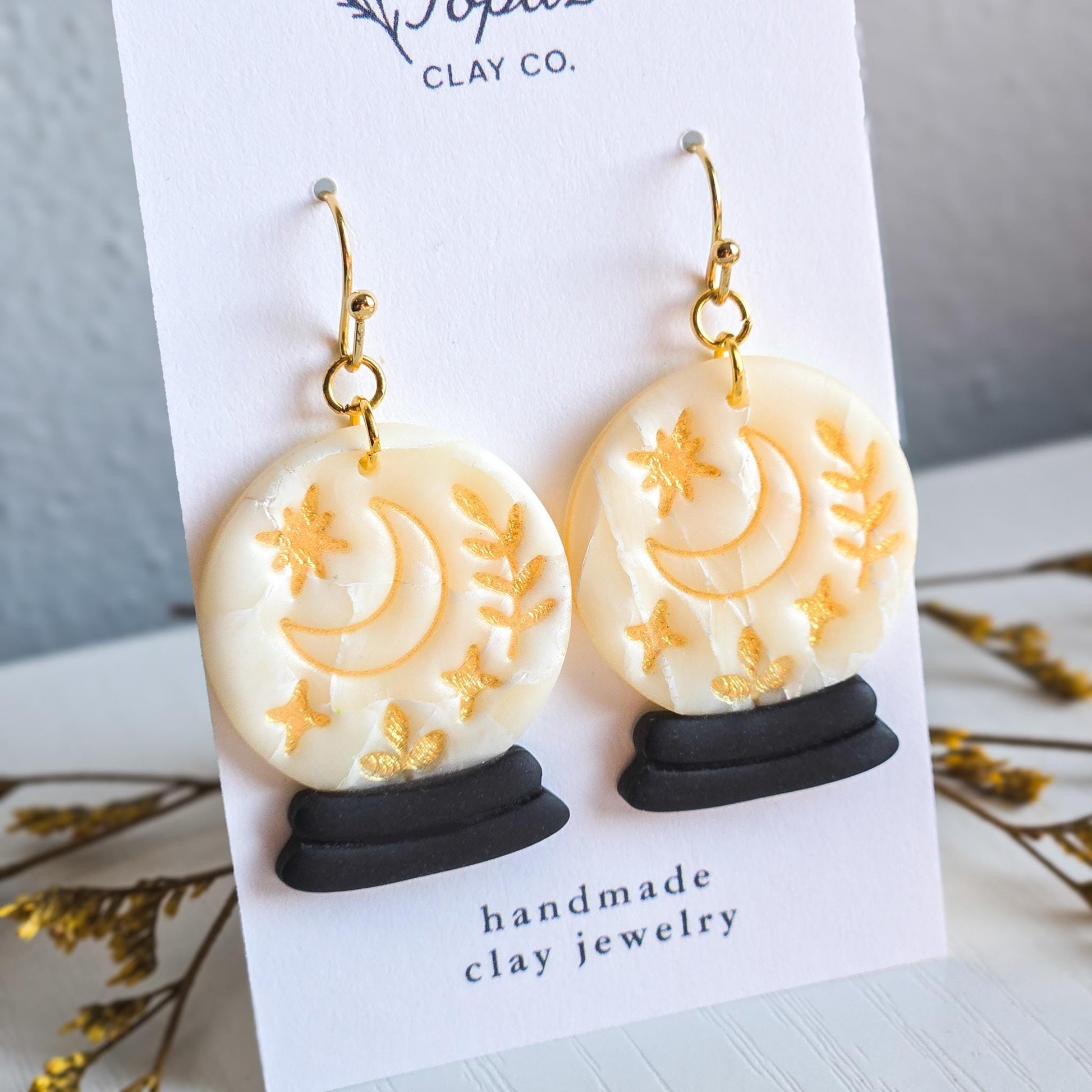 Halloween Earrings, Fall Jewelry, Crystal Ball Earrings, Moon Jewelry, Gold Statement Jewelry, Star Earrings, Polymer Clay Earrings Handmade