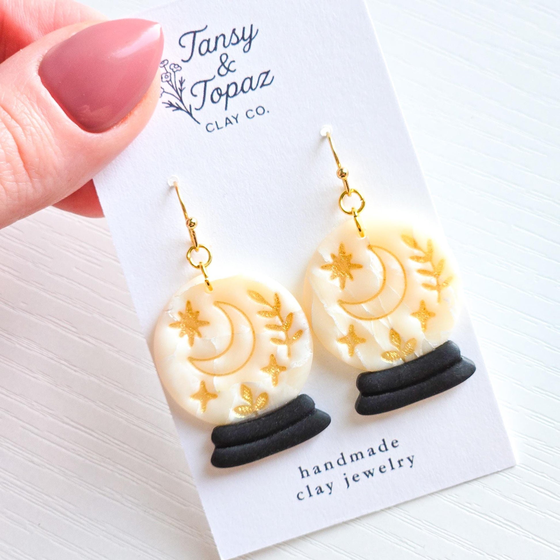 Halloween Earrings, Fall Jewelry, Crystal Ball Earrings, Moon Jewelry, Gold Statement Jewelry, Star Earrings, Polymer Clay Earrings Handmade