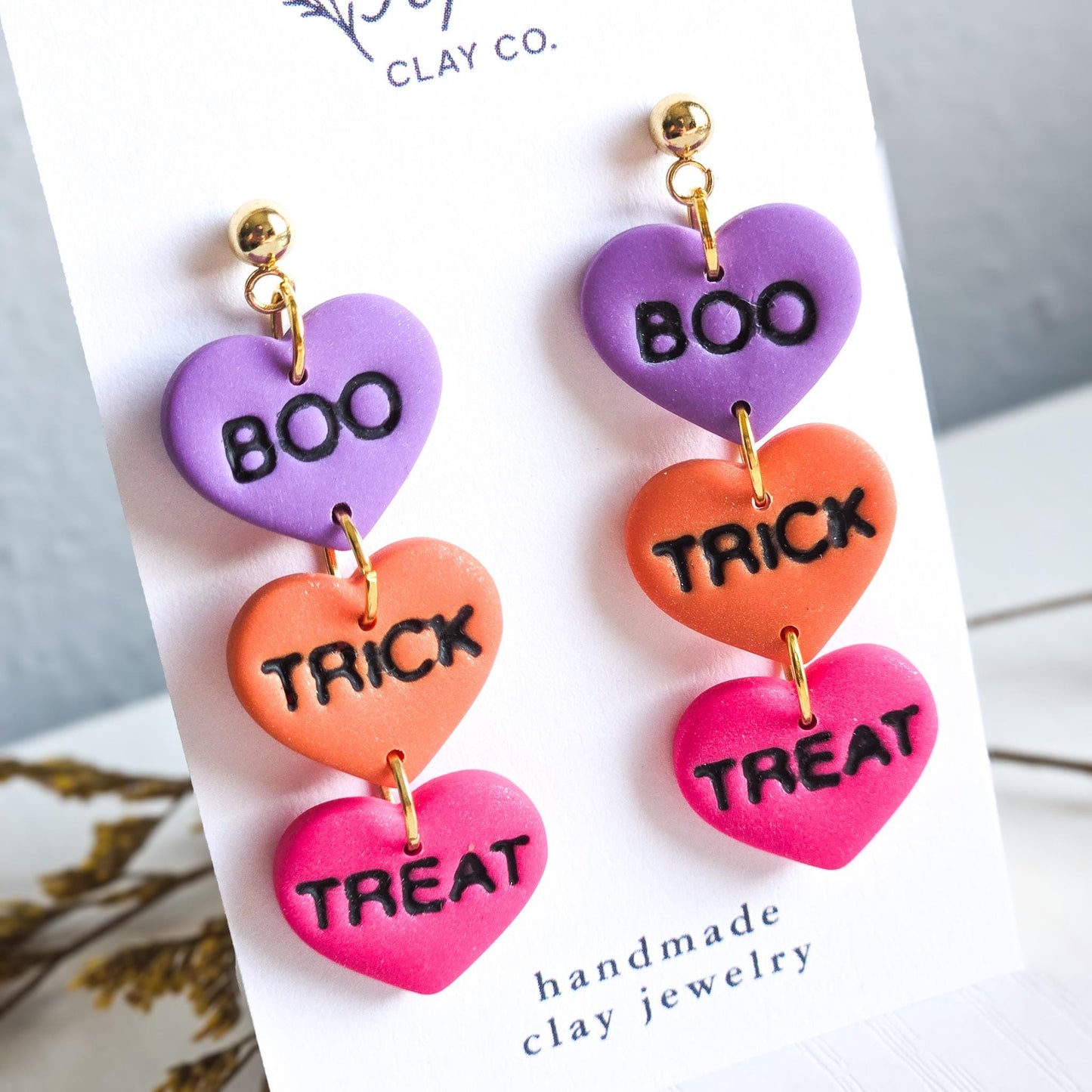 Halloween Earrings, Boo Earrings, Trick or Treat Earrings, Fall Jewelry, Polymer Clay Earrings: Halloween Dangle Earrings, Heart Shape