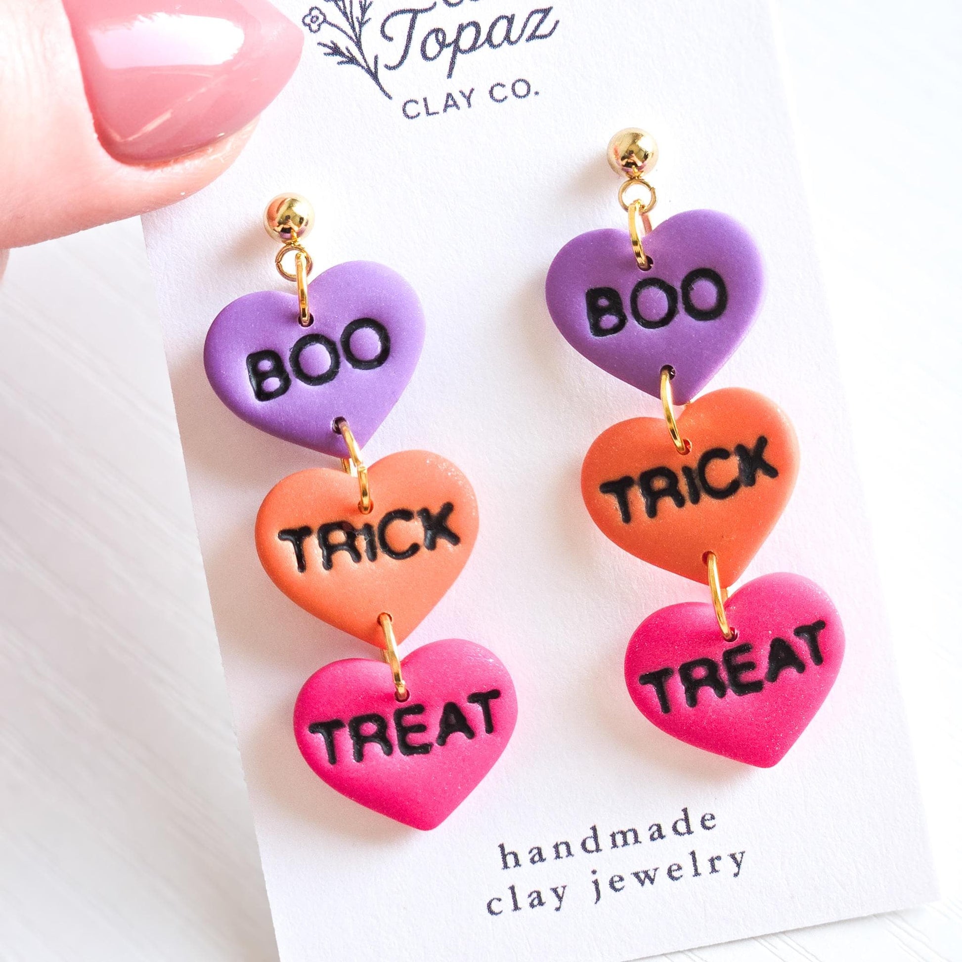 Halloween Earrings, Boo Earrings, Trick or Treat Earrings, Fall Jewelry, Polymer Clay Earrings: Halloween Dangle Earrings, Heart Shape