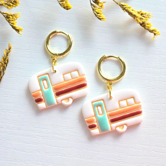 Fall Jewelry, Retro Camper Earring, Gold Huggie Earrings, Polymer Clay Earrings: Gold Hoop Earrings, Gold Statement Earrings, Vintage Style