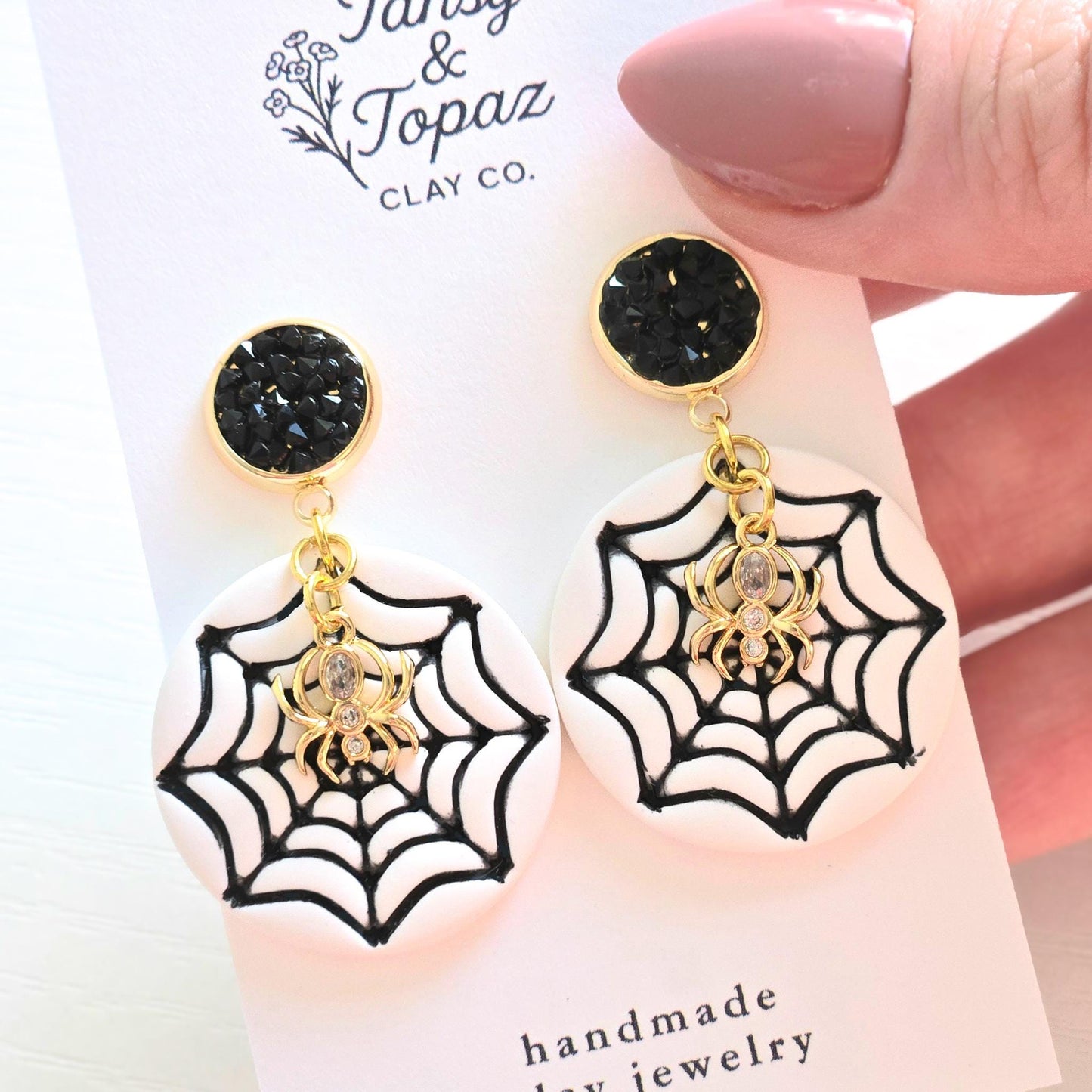 Halloween Earrings, Spider Web Earrings, Fall Jewelry, Black Druzy Earrings, Gold Statement Jewelry, Polymer Clay Earrings, Handmade Jewelry