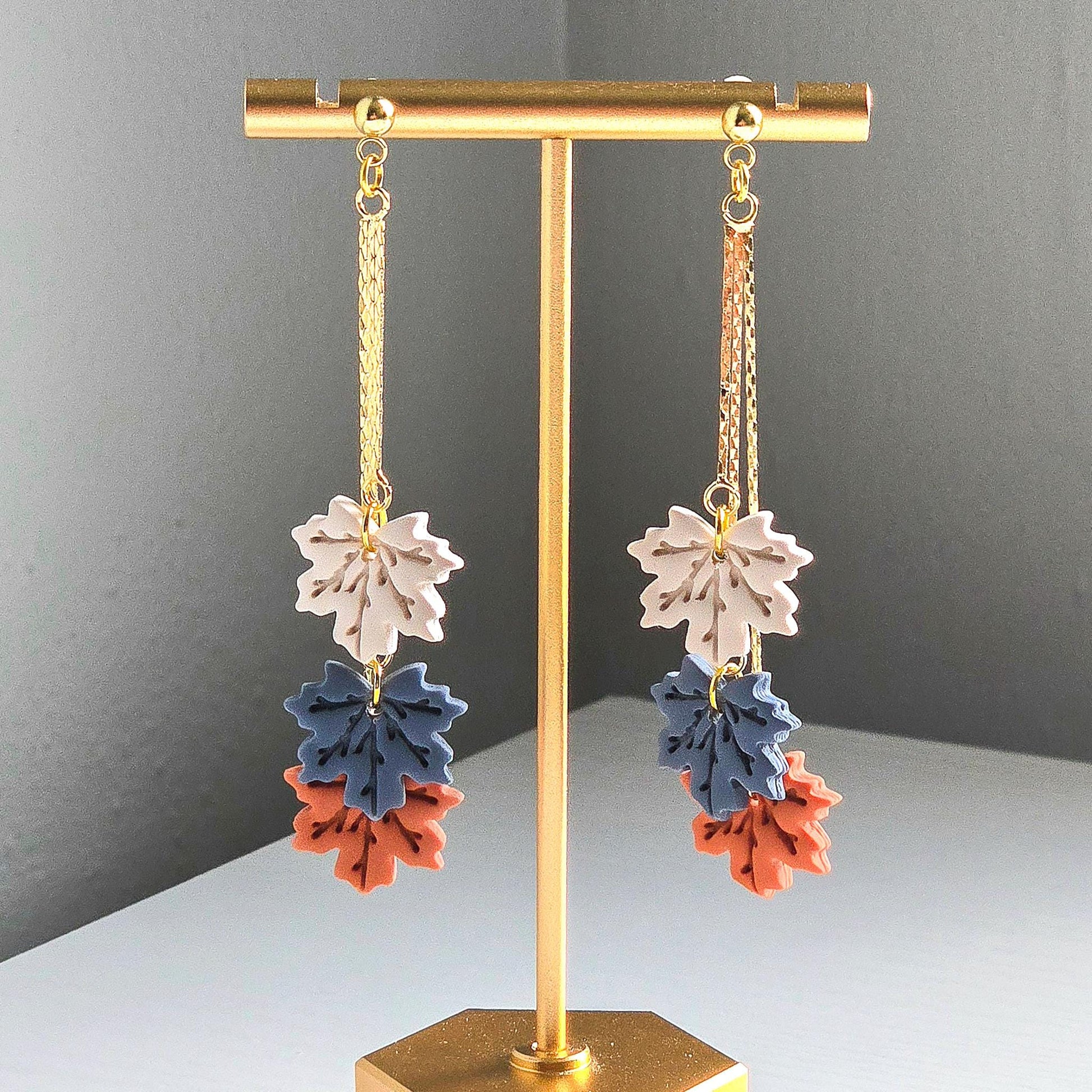 Fall Earrings, Fall Jewelry, Polymer Clay Leaf Dangle, Gold Statement Earrings, Fall Dangle Earrings, Colorful Maple Leaves, Gift for Her
