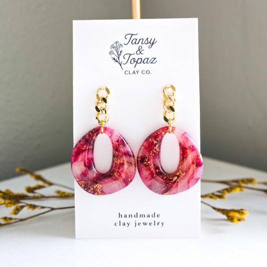 Fall Jewelry, Burgundy Dangle, Polymer Clay Earrings: The Rhonda - Marbled Clay Earrings, Gold Statement Jewelry, Gift for Her, Red Earrings
