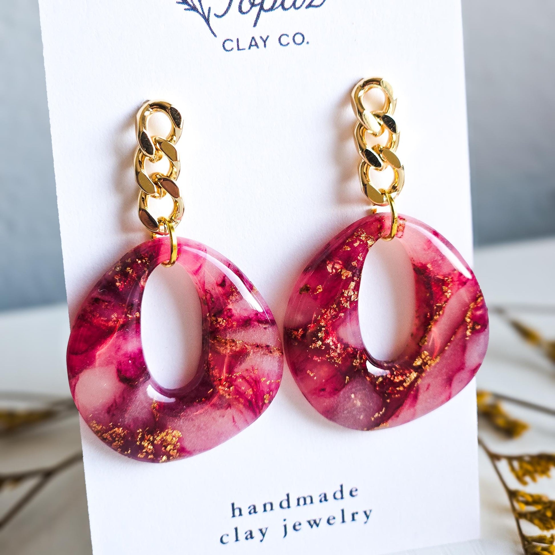 Fall Jewelry, Burgundy Dangle, Polymer Clay Earrings: The Rhonda - Marbled Clay Earrings, Gold Statement Jewelry, Gift for Her, Red Earrings