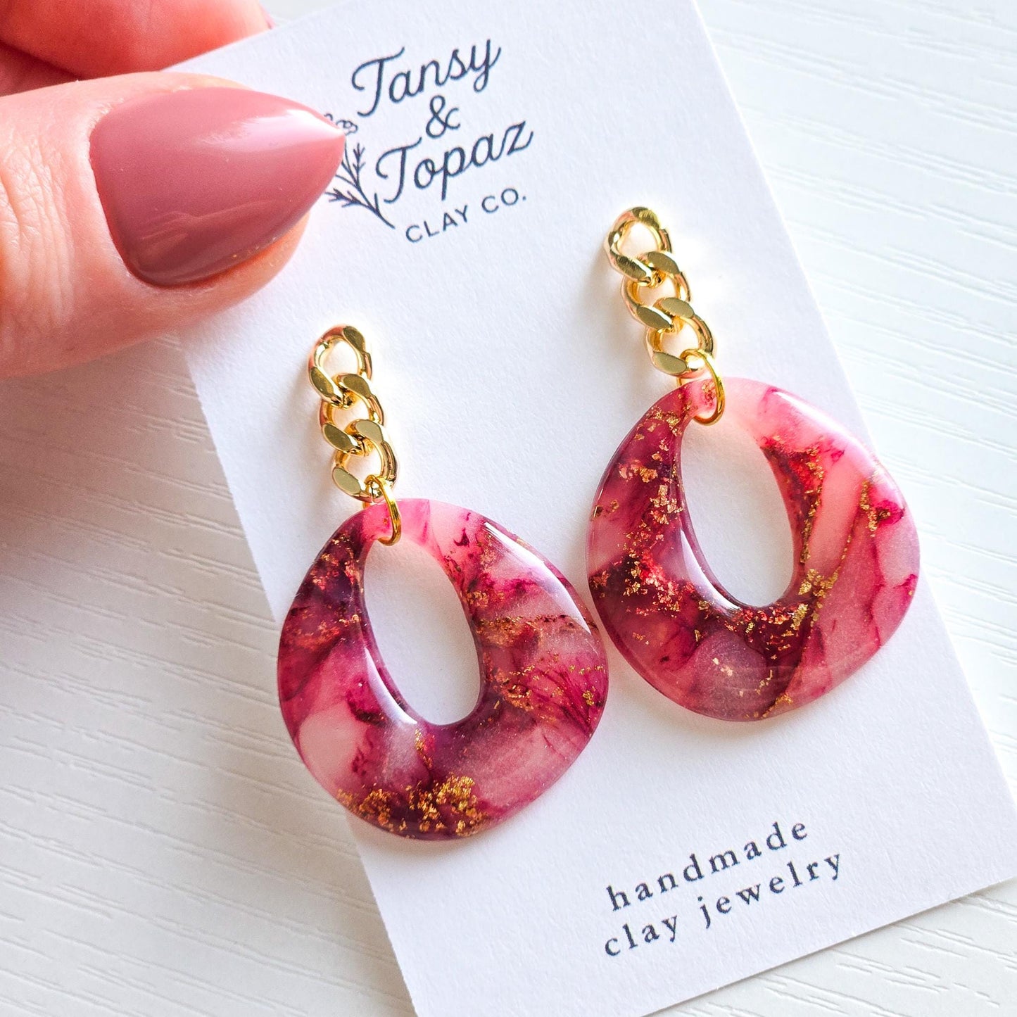Fall Jewelry, Burgundy Dangle, Polymer Clay Earrings: The Rhonda - Marbled Clay Earrings, Gold Statement Jewelry, Gift for Her, Red Earrings