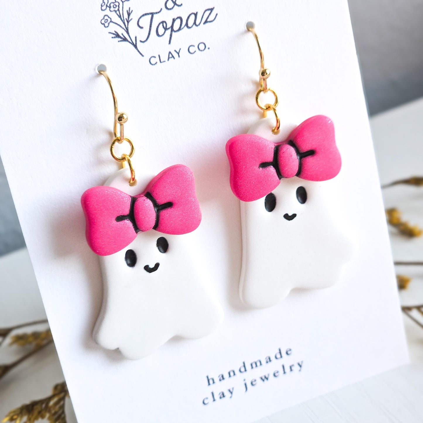 Halloween Earrings, Fall Jewelry: Girly Ghosts with Bows, Sparkly Ghost Earrings, Gold Statement Earrings, Pink Jewelry, Gift for Her