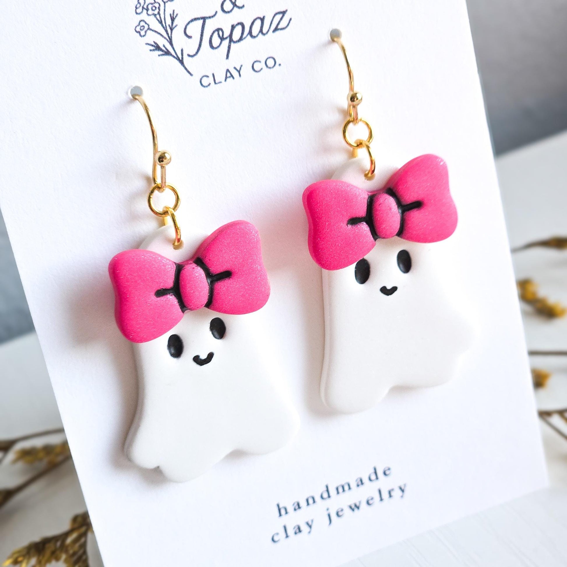 Halloween Earrings, Fall Jewelry: Girly Ghosts with Bows, Sparkly Ghost Earrings, Gold Statement Earrings, Pink Jewelry, Gift for Her