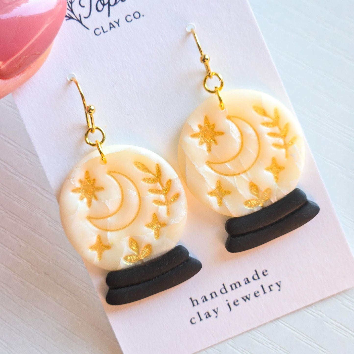 Halloween Earrings, Fall Jewelry, Crystal Ball Earrings, Moon Jewelry, Gold Statement Jewelry, Star Earrings, Polymer Clay Earrings Handmade