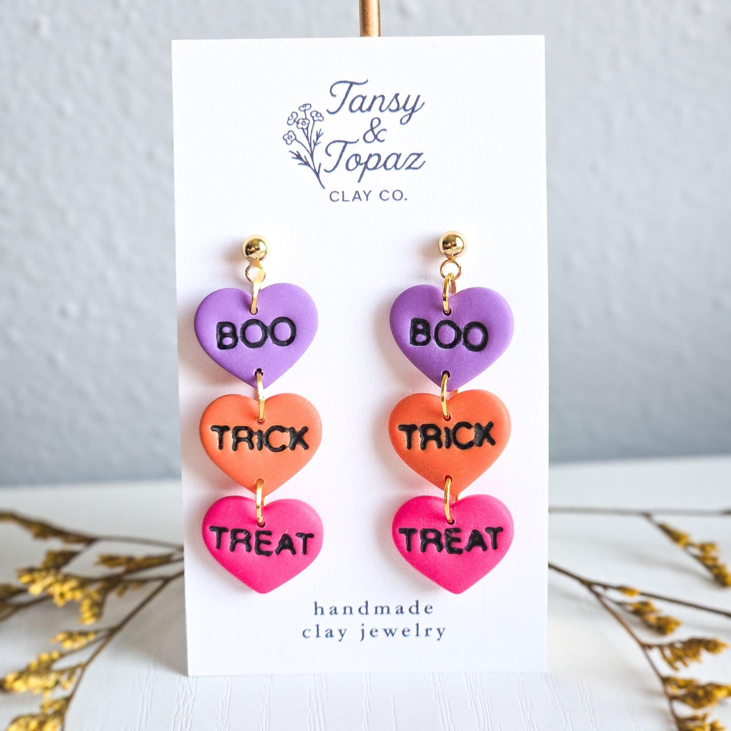 Halloween Earrings, Boo Earrings, Trick or Treat Earrings, Fall Jewelry, Polymer Clay Earrings: Halloween Dangle Earrings, Heart Shape